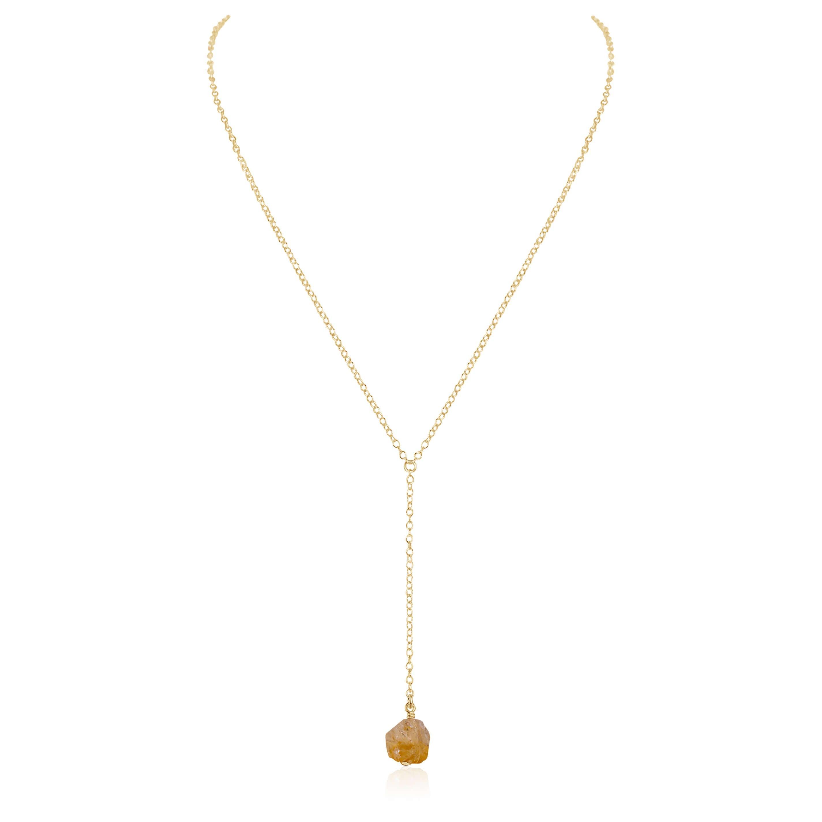 Raw Yellow Citrine Crystal Lariat Necklace - Raw Yellow Citrine Crystal Lariat Necklace - 14k Gold Fill - Luna Tide Handmade Crystal Jewellery