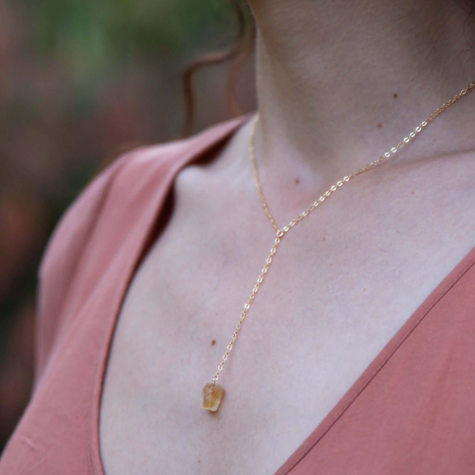 Raw Yellow Citrine Crystal Lariat Necklace - Raw Yellow Citrine Crystal Lariat Necklace - 14k Gold Fill - Luna Tide Handmade Crystal Jewellery