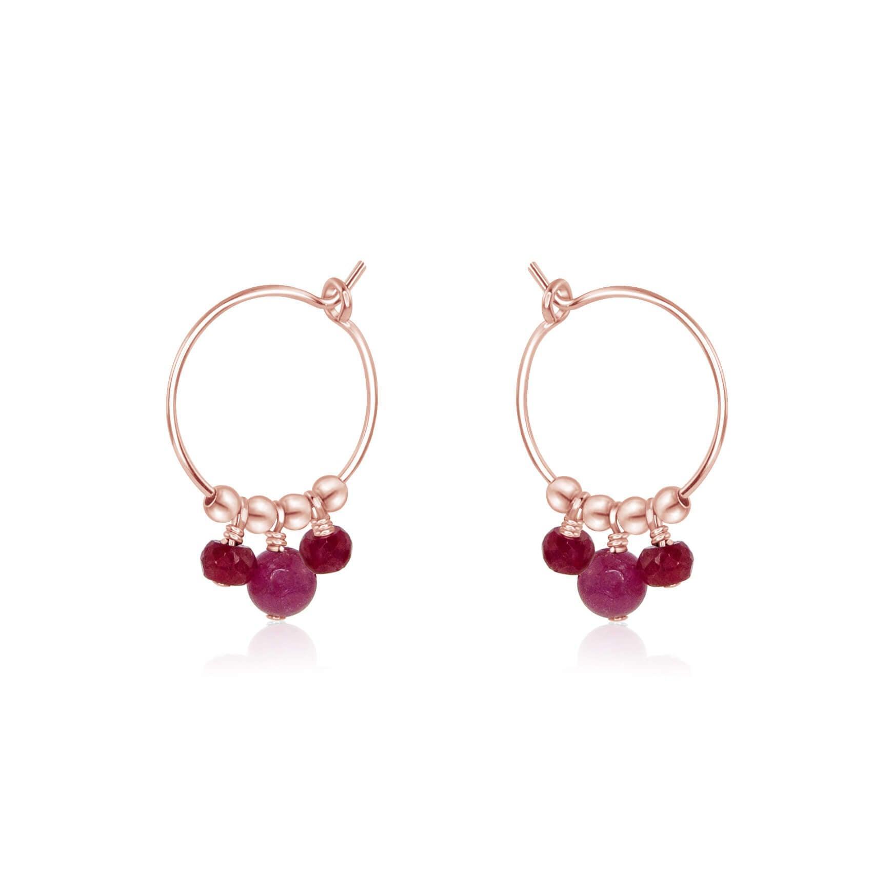 Red Ruby Gemstone Bead Drop Hoop Earrings - Red Ruby Gemstone Bead Drop Hoop Earrings - 14k Rose Gold Fill - Luna Tide Handmade Crystal Jewellery