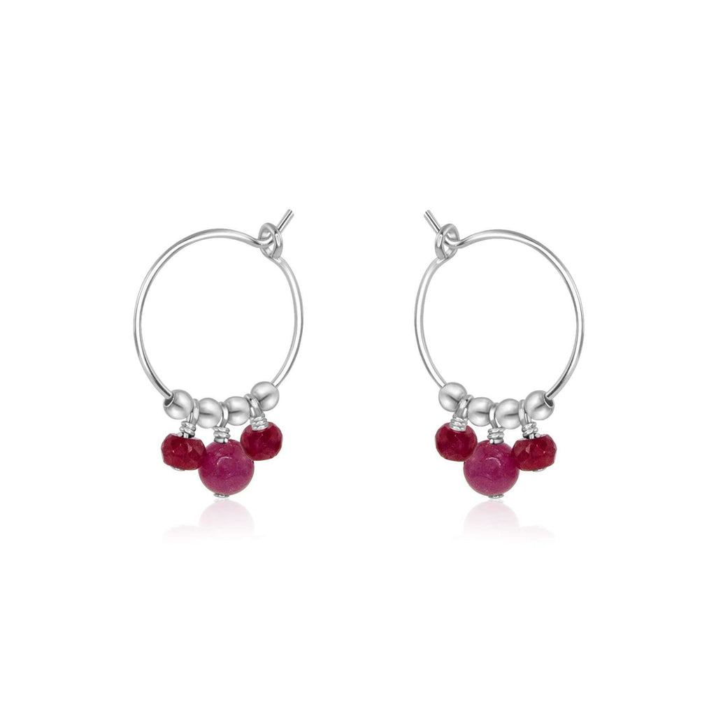 Red Ruby Gemstone Bead Drop Hoop Earrings - Red Ruby Gemstone Bead Drop Hoop Earrings - Sterling Silver - Luna Tide Handmade Crystal Jewellery