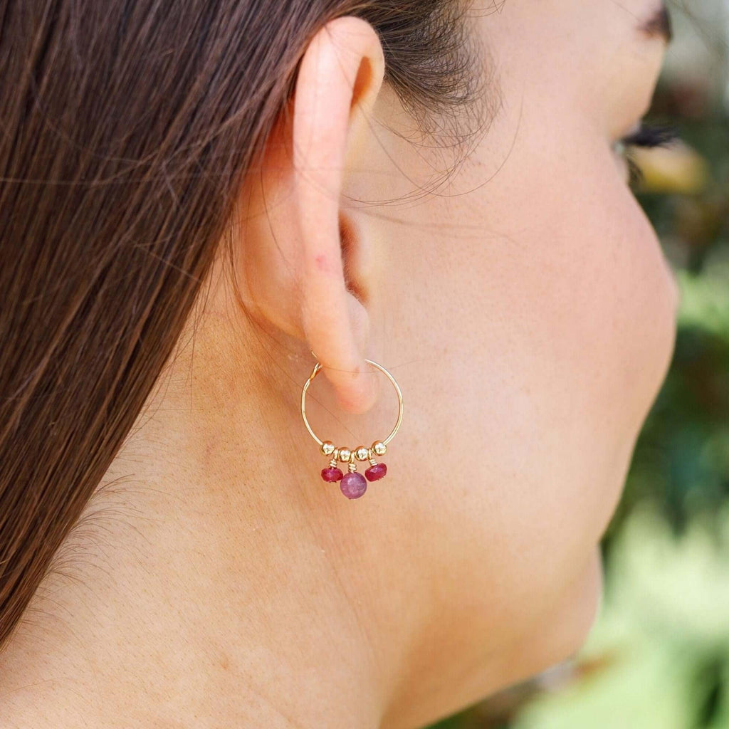 Red Ruby Gemstone Bead Drop Hoop Earrings - Red Ruby Gemstone Bead Drop Hoop Earrings - Sterling Silver - Luna Tide Handmade Crystal Jewellery