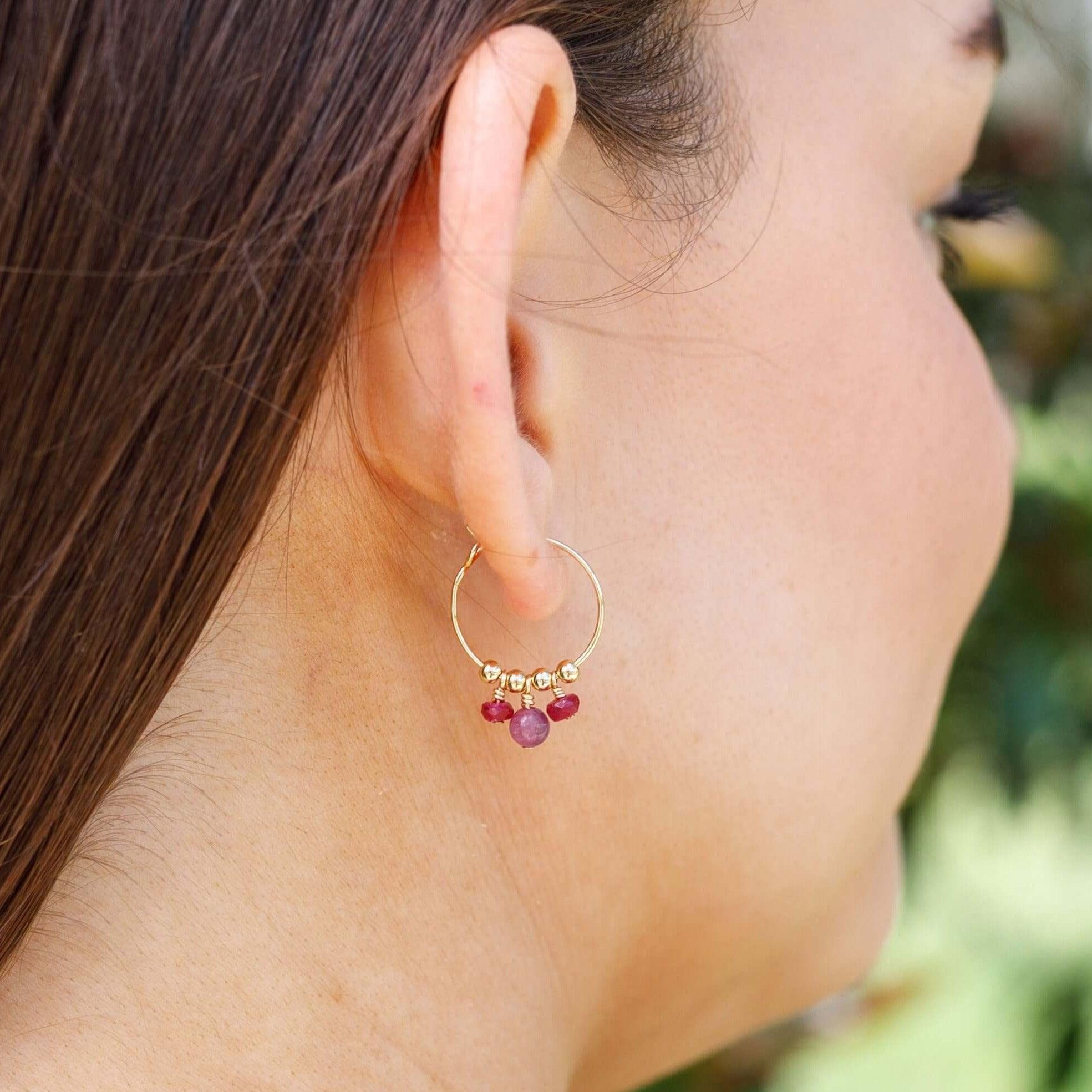 Red Ruby Gemstone Bead Drop Hoop Earrings - Red Ruby Gemstone Bead Drop Hoop Earrings - Sterling Silver - Luna Tide Handmade Crystal Jewellery