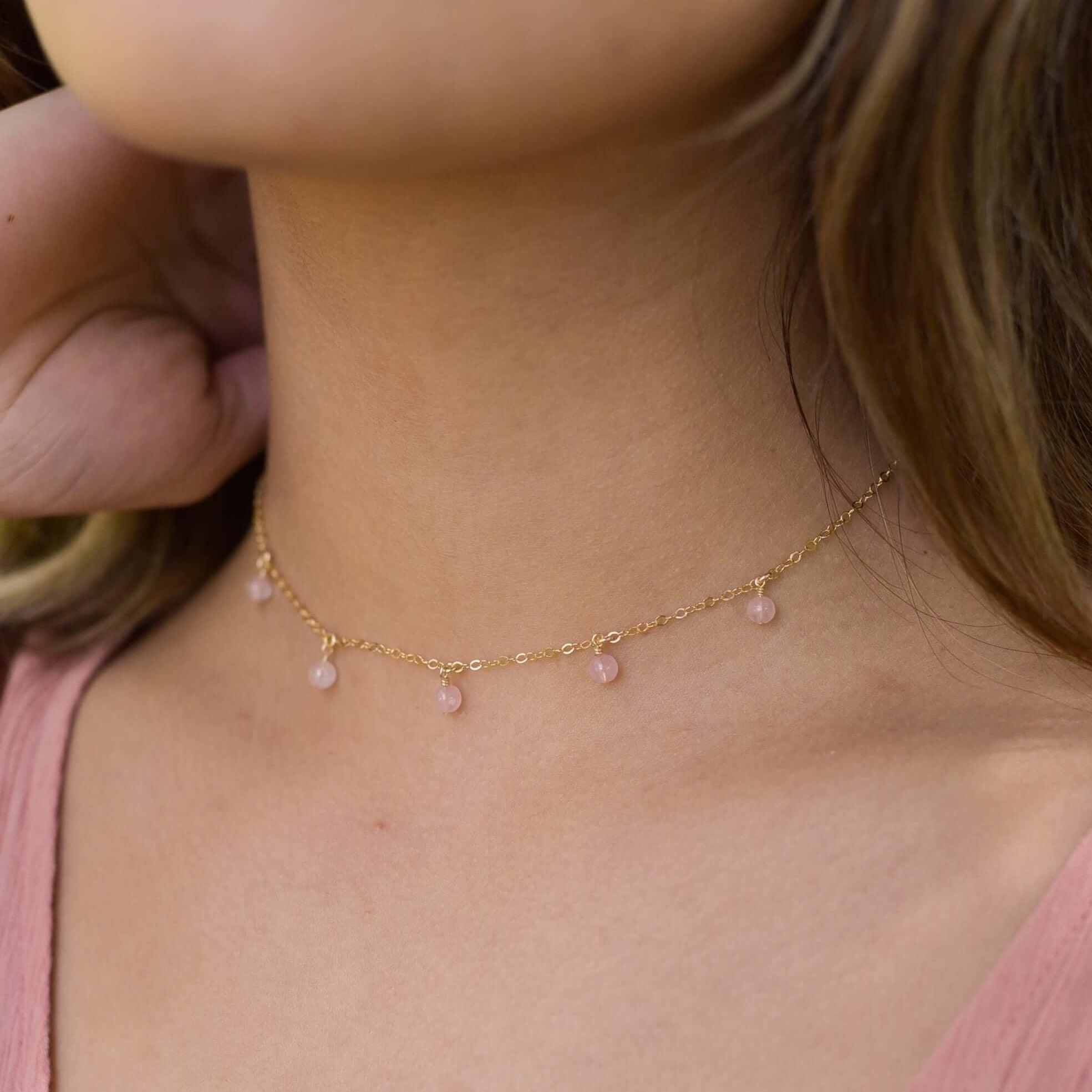 Rose Quartz Bead Drop Choker - Rose Quartz Bead Drop Choker - 14k Gold Fill - Luna Tide Handmade Crystal Jewellery