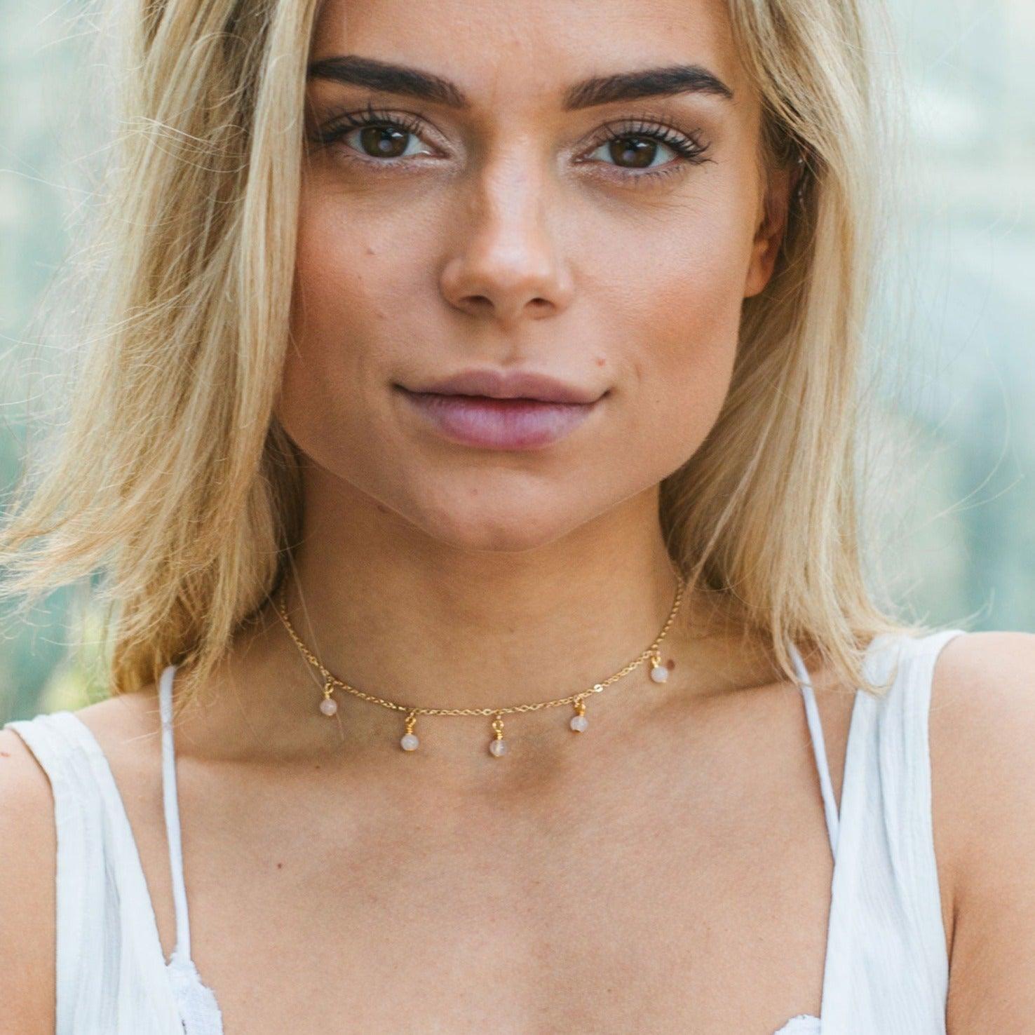 Rose Quartz Bead Drop Choker - Rose Quartz Bead Drop Choker - 14k Gold Fill - Luna Tide Handmade Crystal Jewellery