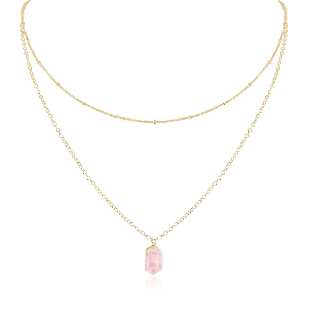 Rose Quartz Double Terminated Crystal Chain Layered Choker Necklace - Rose Quartz Double Terminated Crystal Chain Layered Choker Necklace - 14k Gold Fill - Luna Tide Handmade Crystal Jewellery