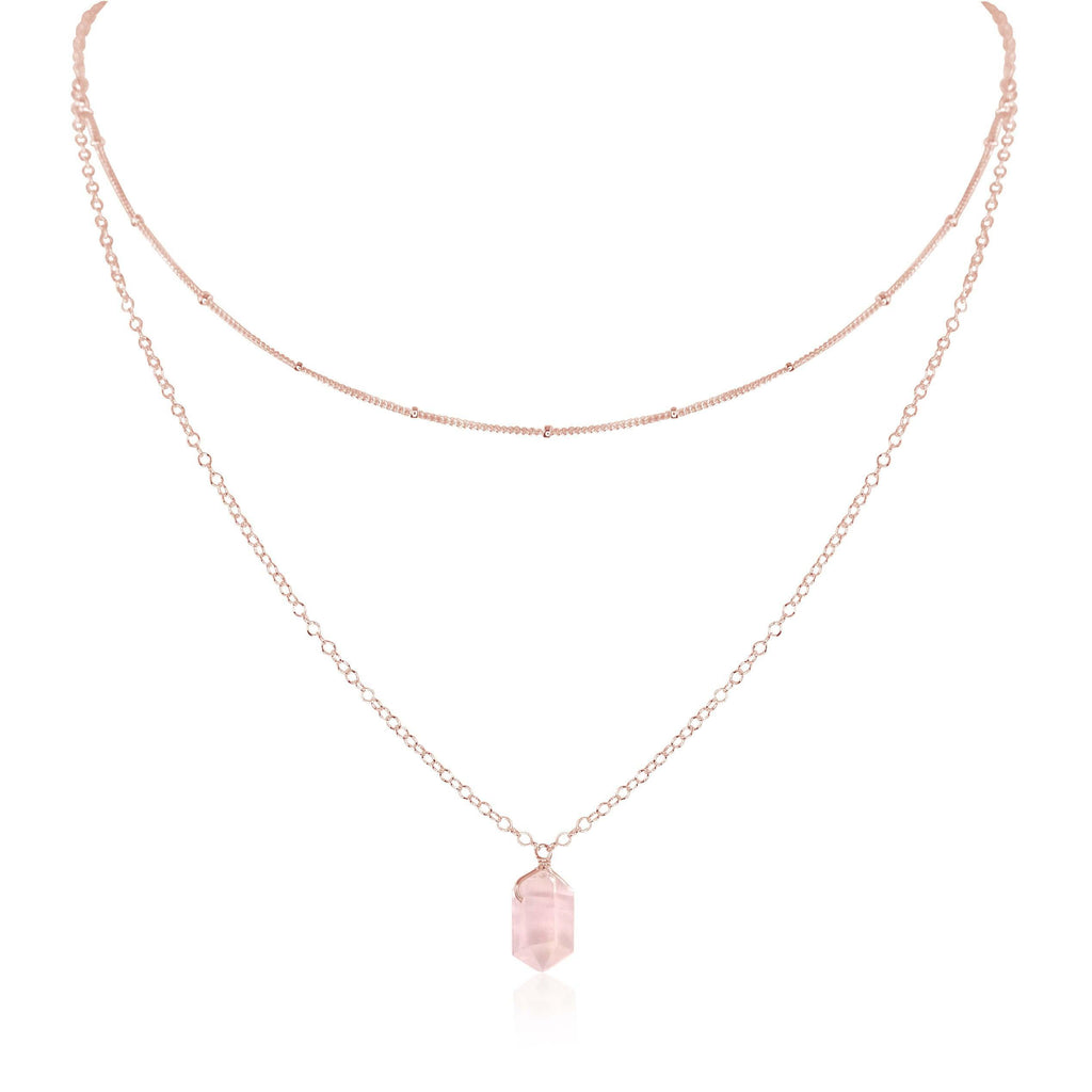 Rose Quartz Double Terminated Crystal Chain Layered Choker Necklace - Rose Quartz Double Terminated Crystal Chain Layered Choker Necklace - 14k Rose Gold Fill - Luna Tide Handmade Crystal Jewellery