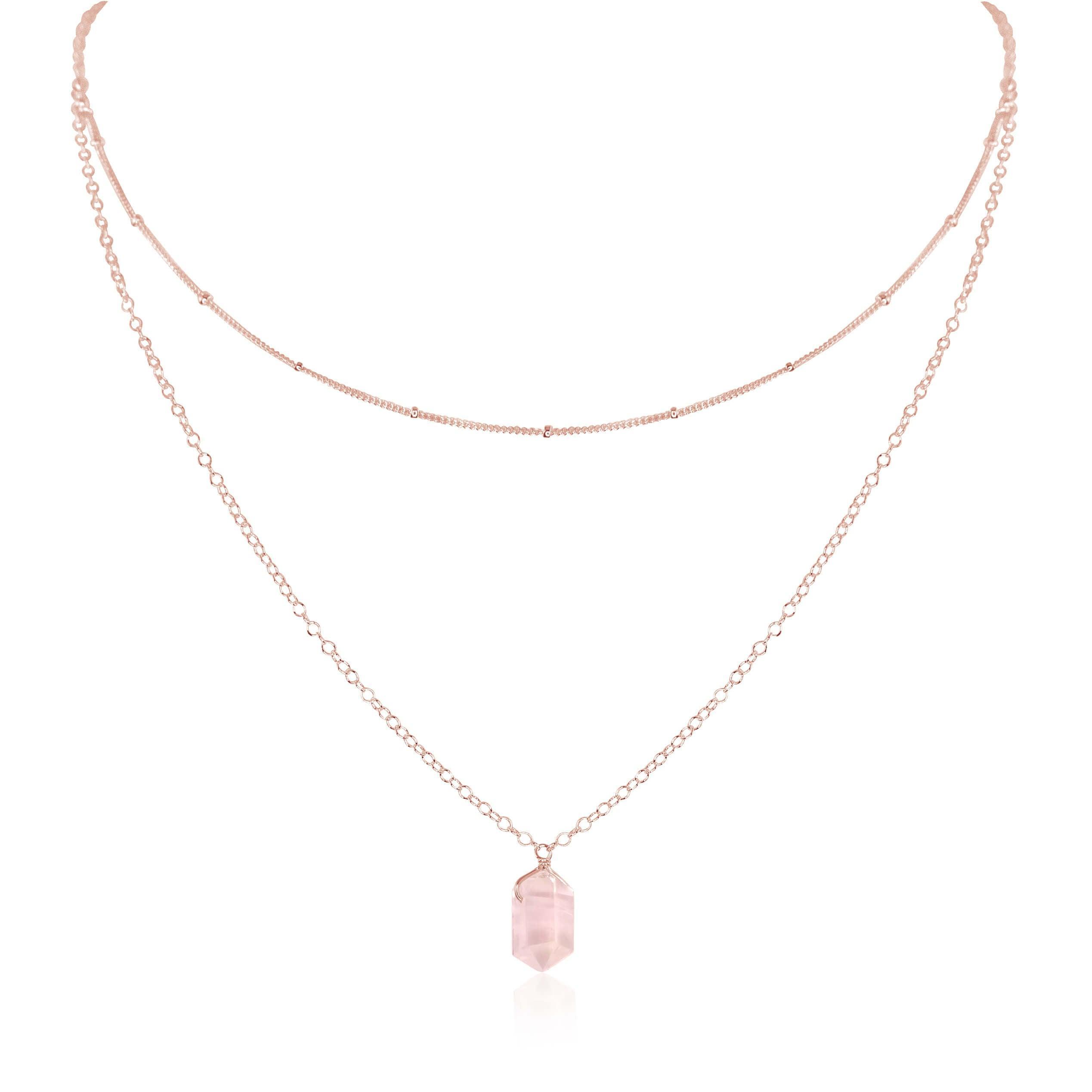Rose Quartz Double Terminated Crystal Chain Layered Choker Necklace - Rose Quartz Double Terminated Crystal Chain Layered Choker Necklace - 14k Rose Gold Fill - Luna Tide Handmade Crystal Jewellery