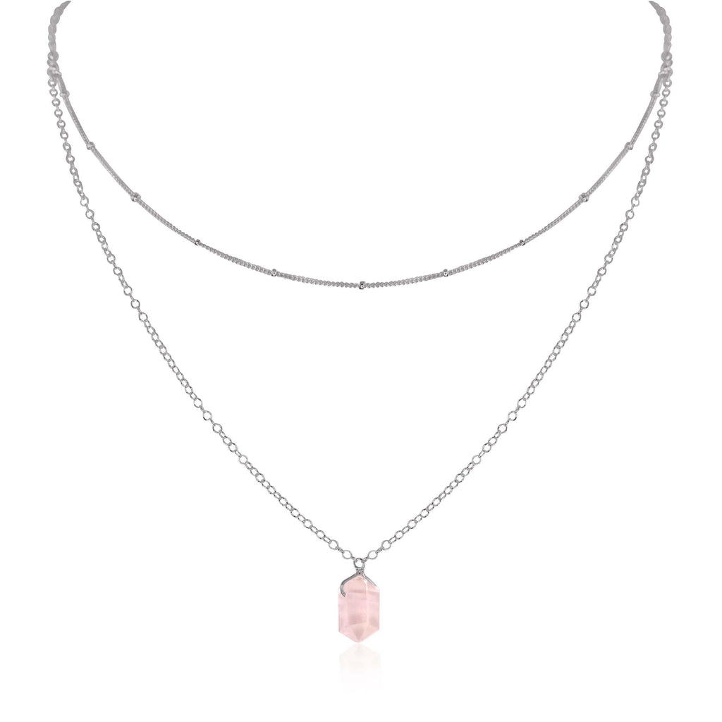 Rose Quartz Double Terminated Crystal Chain Layered Choker Necklace - Rose Quartz Double Terminated Crystal Chain Layered Choker Necklace - Stainless Steel - Luna Tide Handmade Crystal Jewellery