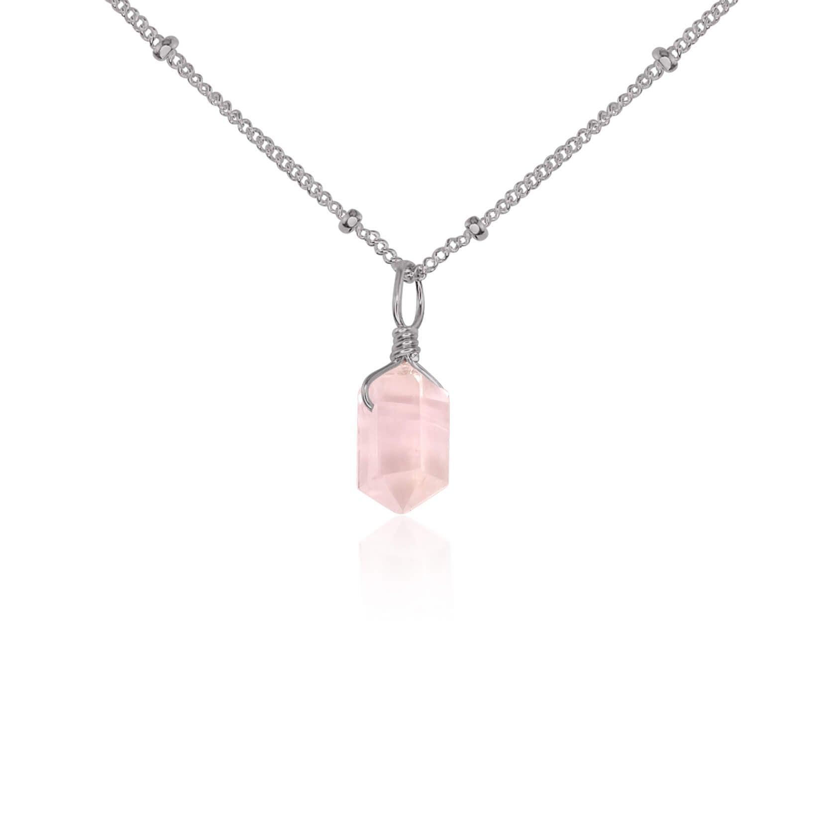 Rose Quartz Mini Double Terminated Crystal Point Pendant Necklace - Rose Quartz Mini Double Terminated Crystal Point Pendant Necklace - Stainless Steel / Satellite - Luna Tide Handmade Crystal Jewellery