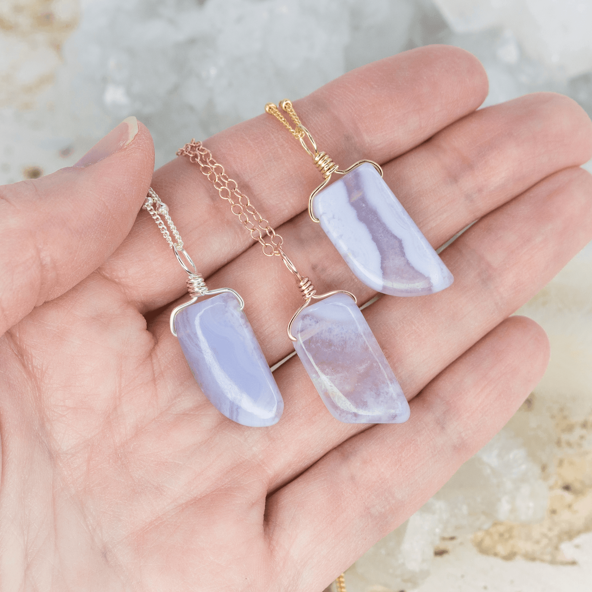 Small Smooth Blue Lace Agate Gentle Point Crystal Pendant Necklace - Small Smooth Blue Lace Agate Gentle Point Crystal Pendant Necklace - Sterling Silver / Cable - Luna Tide Handmade Crystal Jewellery