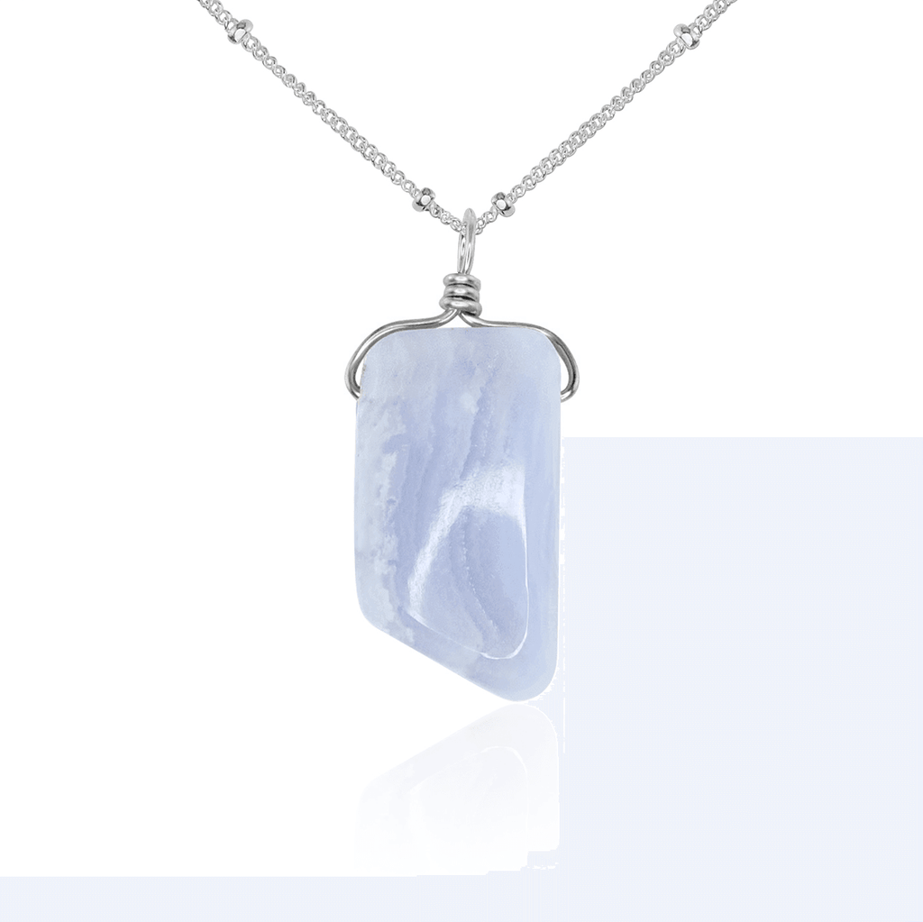 Small Smooth Blue Lace Agate Gentle Point Crystal Pendant Necklace - Small Smooth Blue Lace Agate Gentle Point Crystal Pendant Necklace - Sterling Silver / Satellite - Luna Tide Handmade Crystal Jewellery