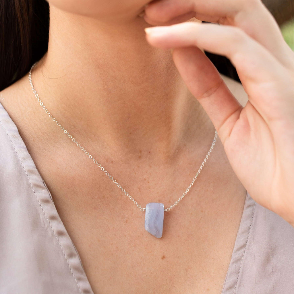 Small Smooth Blue Lace Agate Slab Necklace - Small Smooth Blue Lace Agate Slab Necklace - Sterling Silver - Luna Tide Handmade Crystal Jewellery