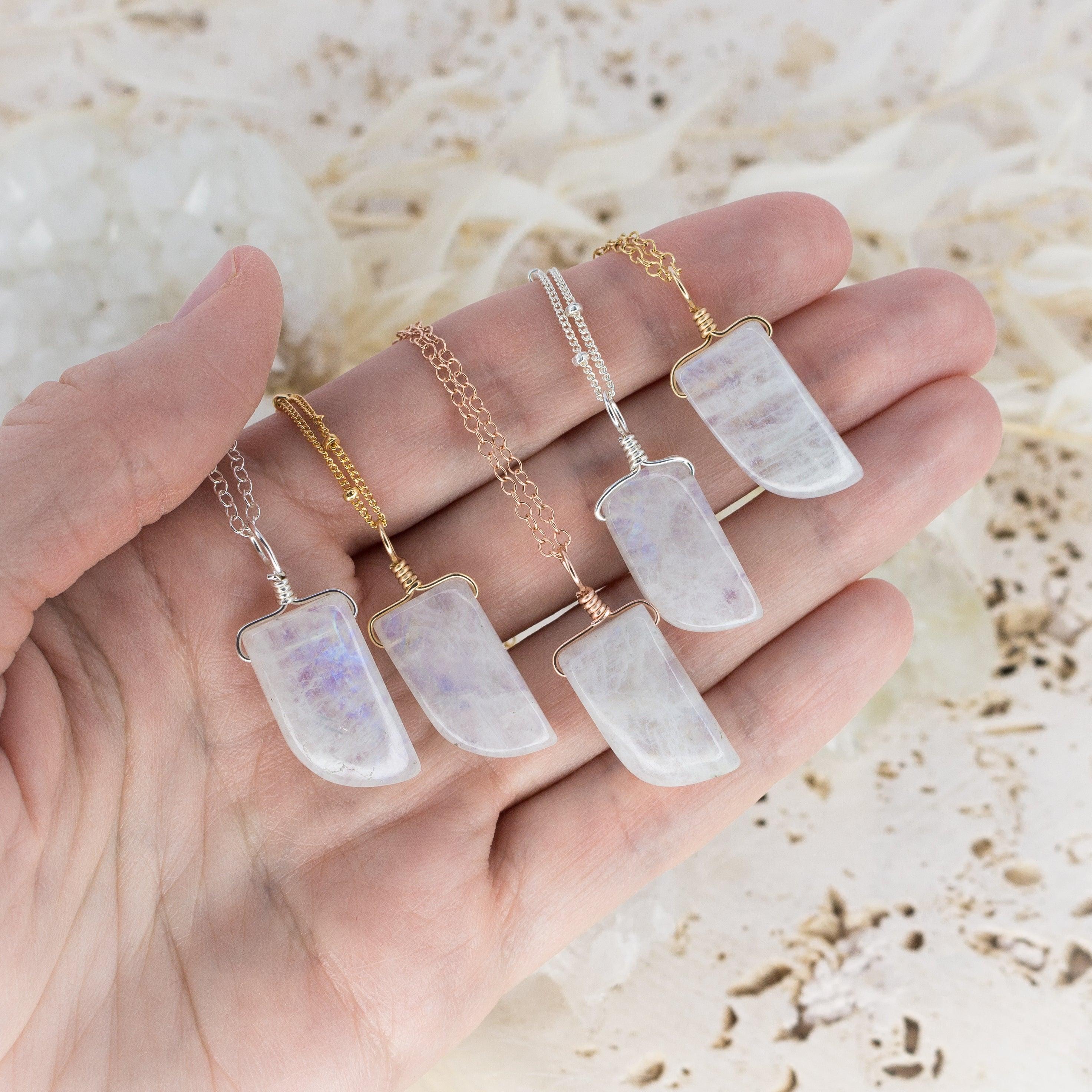 Small Smooth Rainbow Moonstone Gentle Point Crystal Pendant Necklace - Small Smooth Rainbow Moonstone Gentle Point Crystal Pendant Necklace - 14k Gold Fill / Cable - Luna Tide Handmade Crystal Jewellery