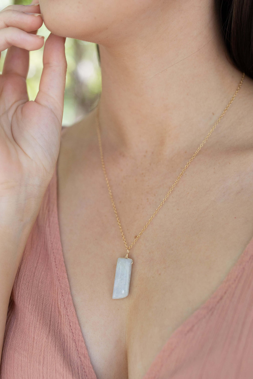 Smooth Rainbow Moonstone Natural Point Crystal Necklace - Smooth Rainbow Moonstone Natural Point Crystal Necklace - 14k Rose Gold Fill / Cable - Luna Tide Handmade Crystal Jewellery