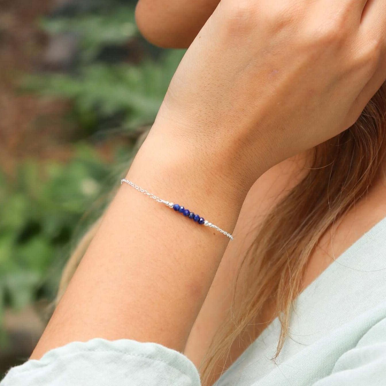 Sparkling Blue Lapis Lazuli Gemstone Faceted Bead Bar Bracelet - Sparkling Blue Lapis Lazuli Gemstone Faceted Bead Bar Bracelet - Sterling Silver - Luna Tide Handmade Crystal Jewellery