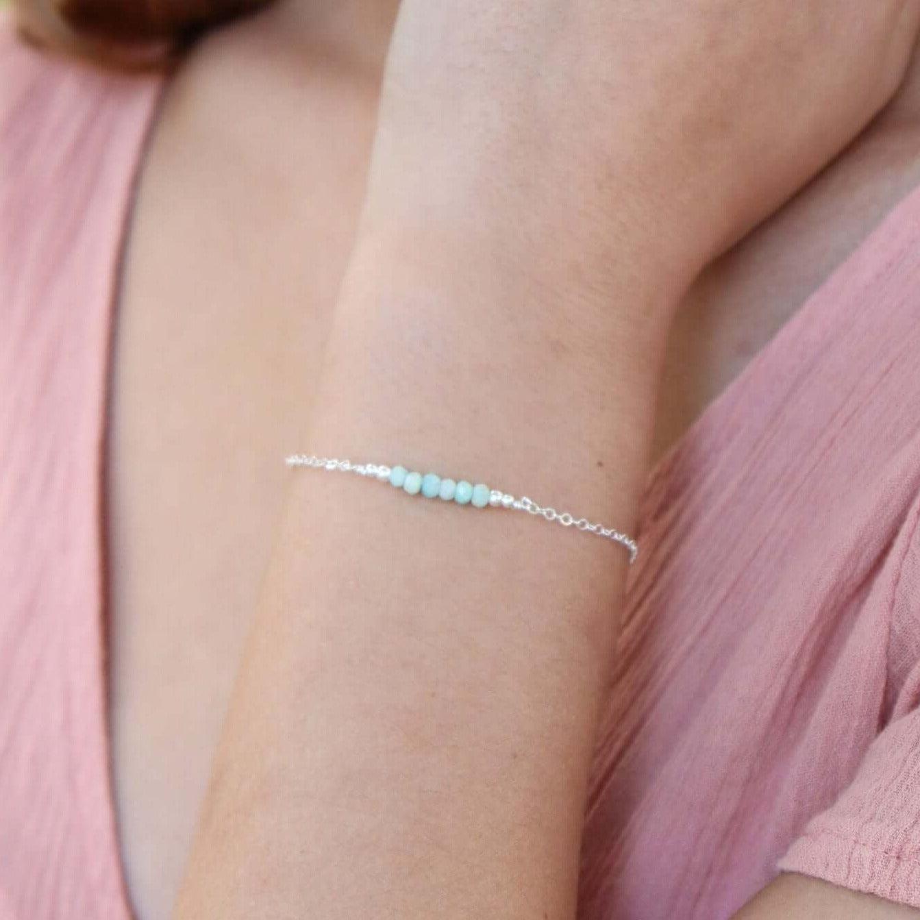 Sparkling Green Amazonite Gemstone Faceted Bead Bar Bracelet - Sparkling Green Amazonite Gemstone Faceted Bead Bar Bracelet - Sterling Silver - Luna Tide Handmade Crystal Jewellery