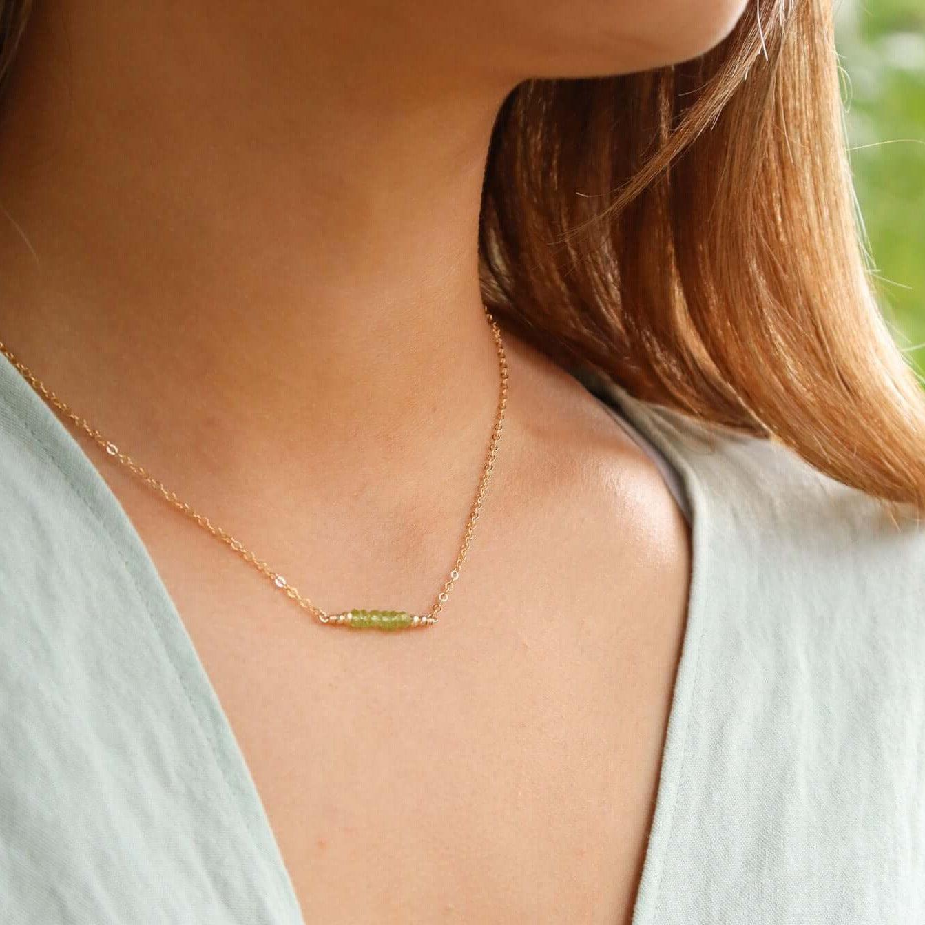 Sparkling Green Peridot Faceted Bead Bar Necklace - Sparkling Green Peridot Faceted Bead Bar Necklace - Sterling Silver - Luna Tide Handmade Crystal Jewellery