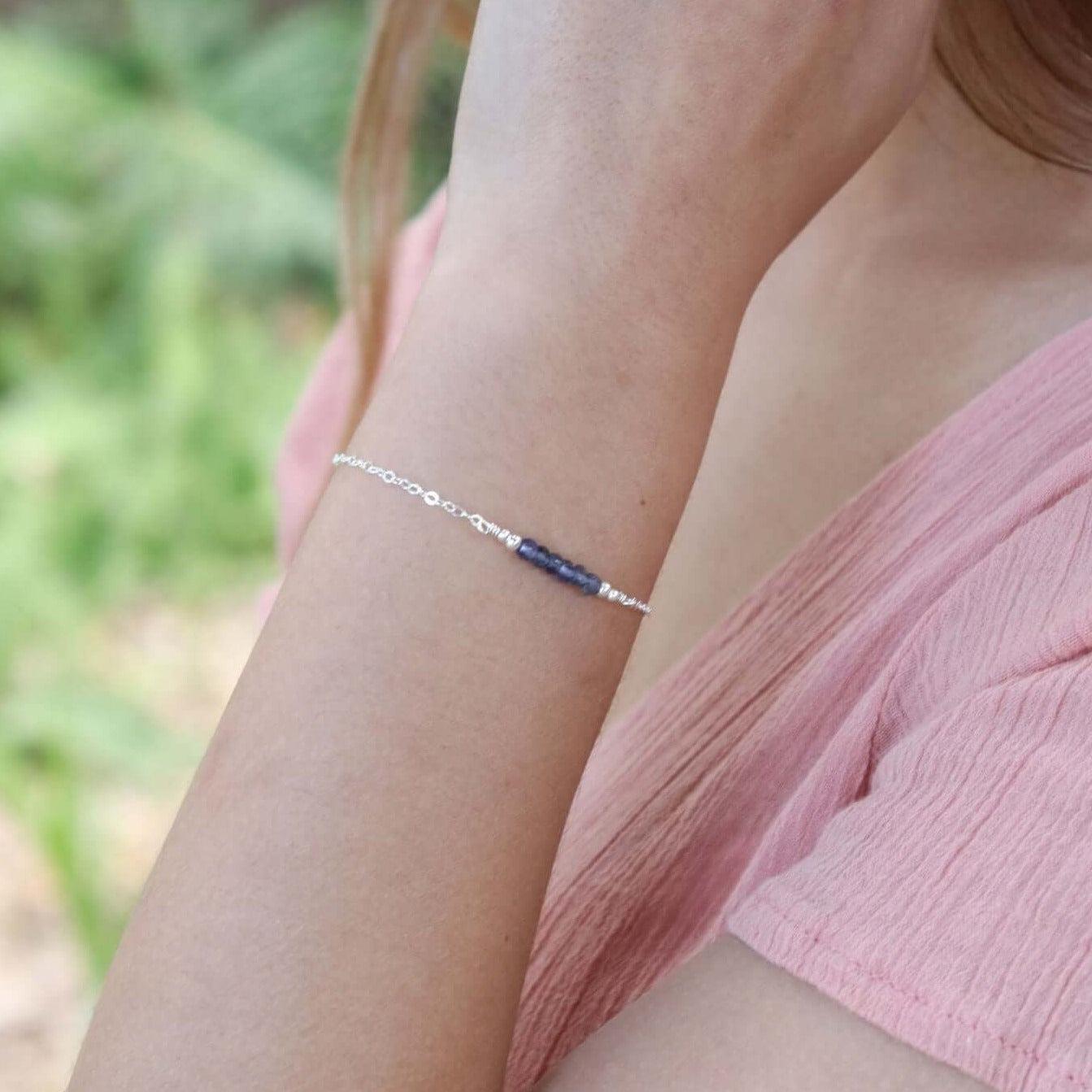 Sparkling Grey Iolite Gemstone Faceted Bead Bar Bracelet - Sparkling Grey Iolite Gemstone Faceted Bead Bar Bracelet - Sterling Silver - Luna Tide Handmade Crystal Jewellery