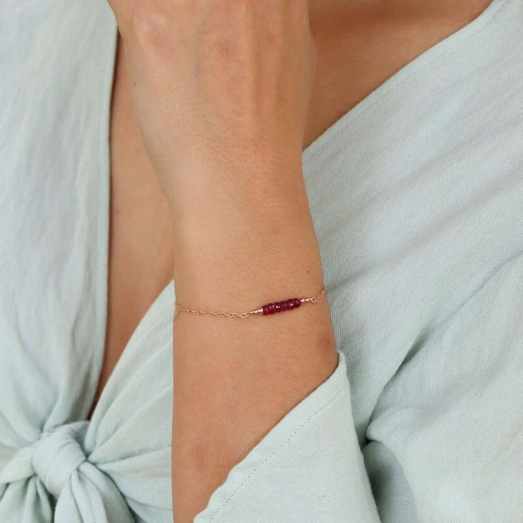 Sparkling Red Ruby Gemstone Faceted Bead Bar Bracelet - Sparkling Red Ruby Gemstone Faceted Bead Bar Bracelet - Sterling Silver - Luna Tide Handmade Crystal Jewellery