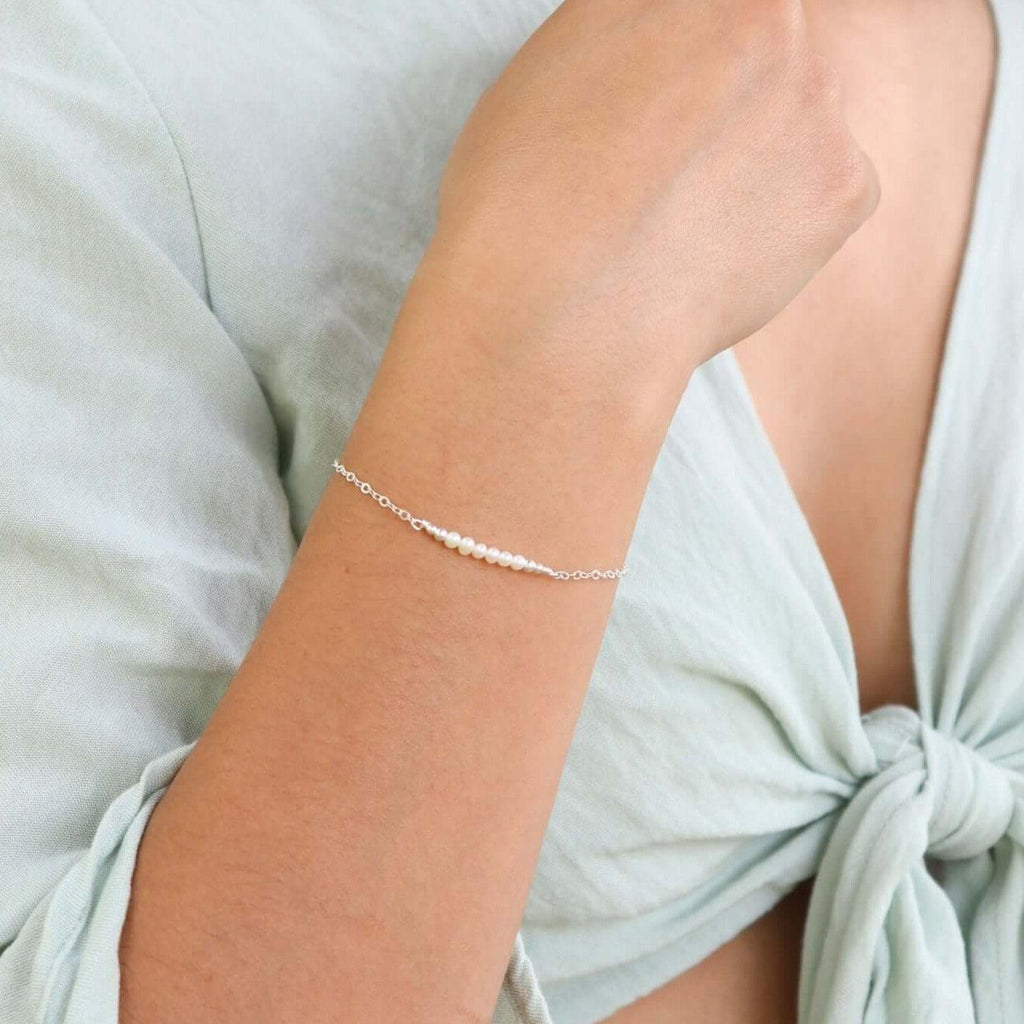 Sparkling White Freshwater Pearl Gemstone Faceted Bead Bar Bracelet - Sparkling White Freshwater Pearl Gemstone Faceted Bead Bar Bracelet - 14k Gold Fill - Luna Tide Handmade Crystal Jewellery