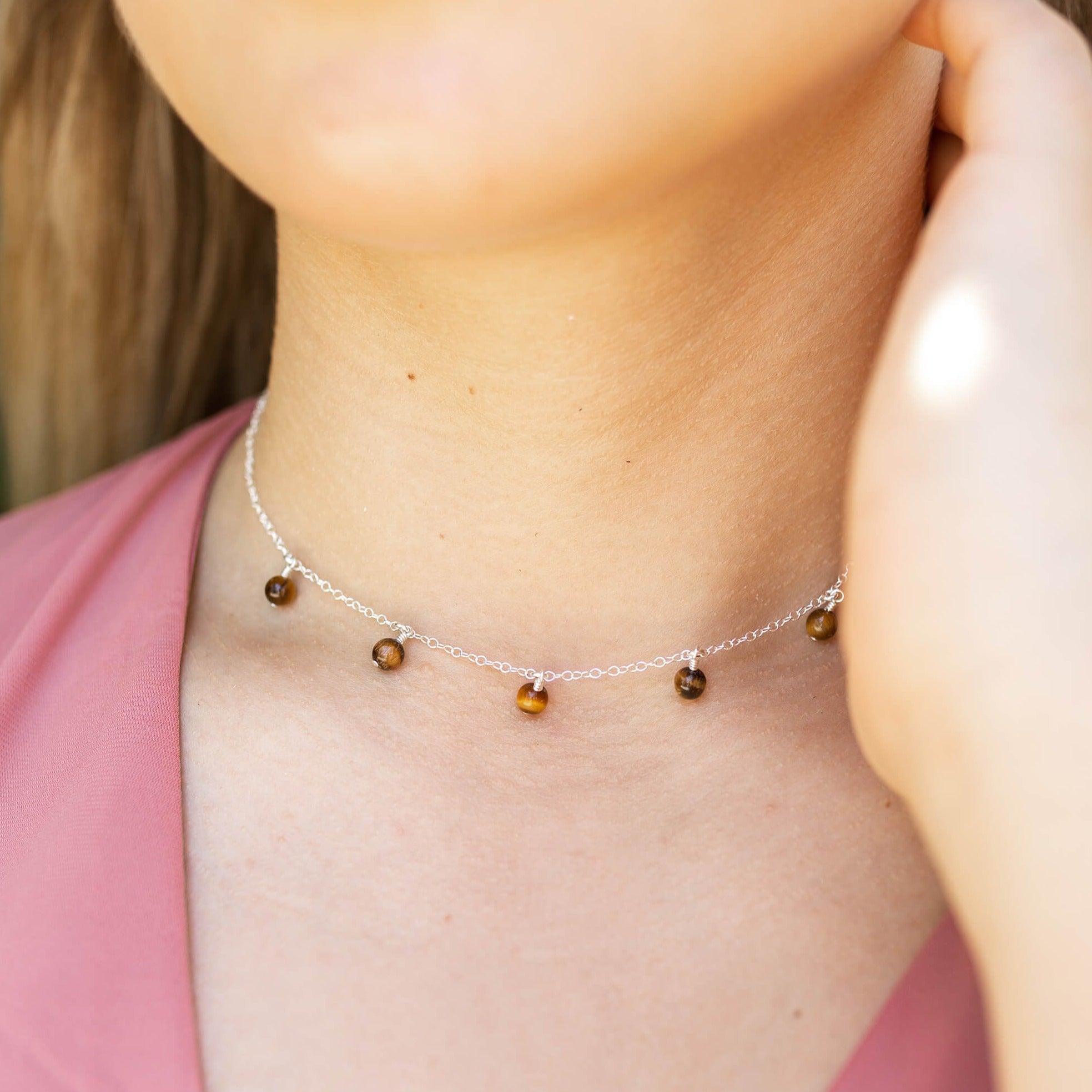 Tiger's Eye Bead Drop Choker - Tiger's Eye Bead Drop Choker - 14k Gold Fill - Luna Tide Handmade Crystal Jewellery