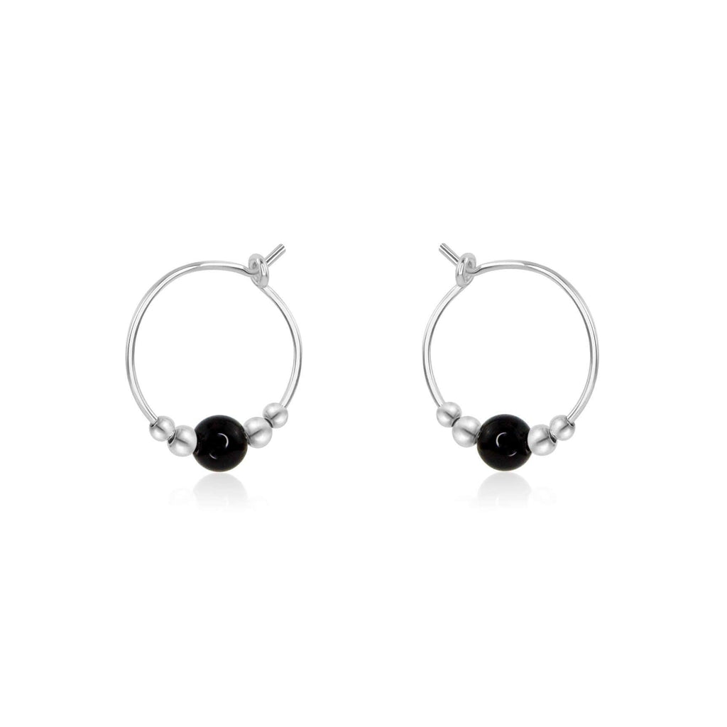 Tiny Black Onyx Bead Hoop Earrings - Tiny Black Onyx Bead Hoop Earrings - Sterling Silver - Luna Tide Handmade Crystal Jewellery
