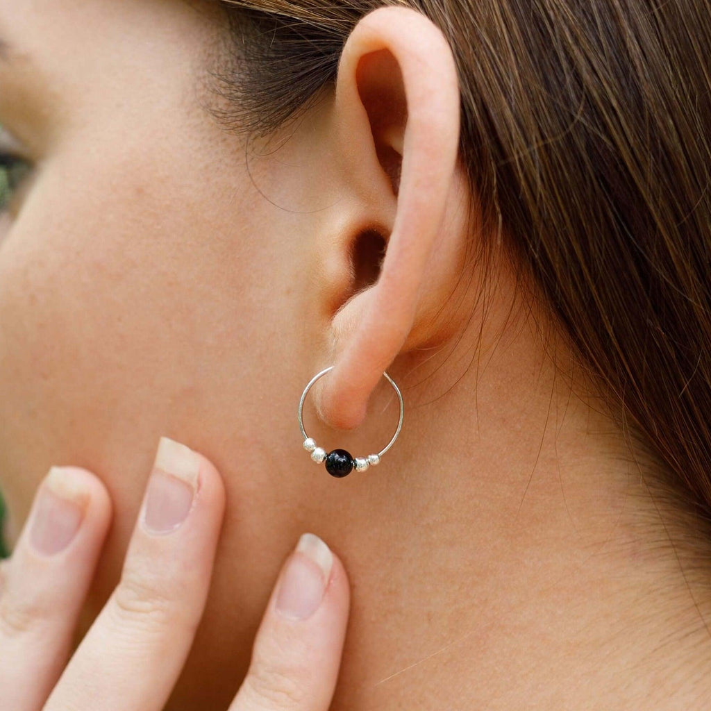 Tiny Black Onyx Bead Hoop Earrings - Tiny Black Onyx Bead Hoop Earrings - Sterling Silver - Luna Tide Handmade Crystal Jewellery