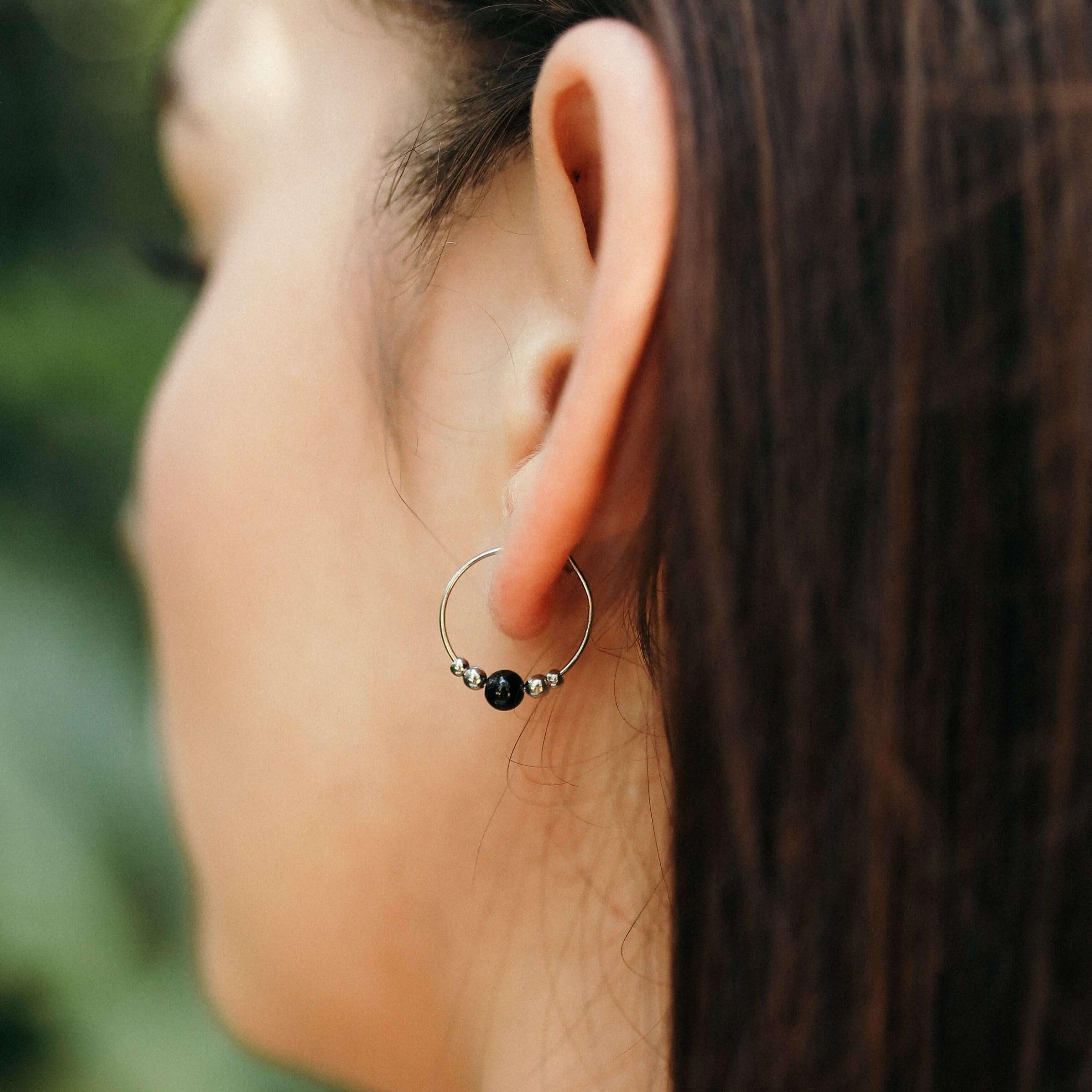 Tiny Black Tourmaline Bead Hoop Earrings - Tiny Black Tourmaline Bead Hoop Earrings - 14k Gold Fill - Luna Tide Handmade Crystal Jewellery