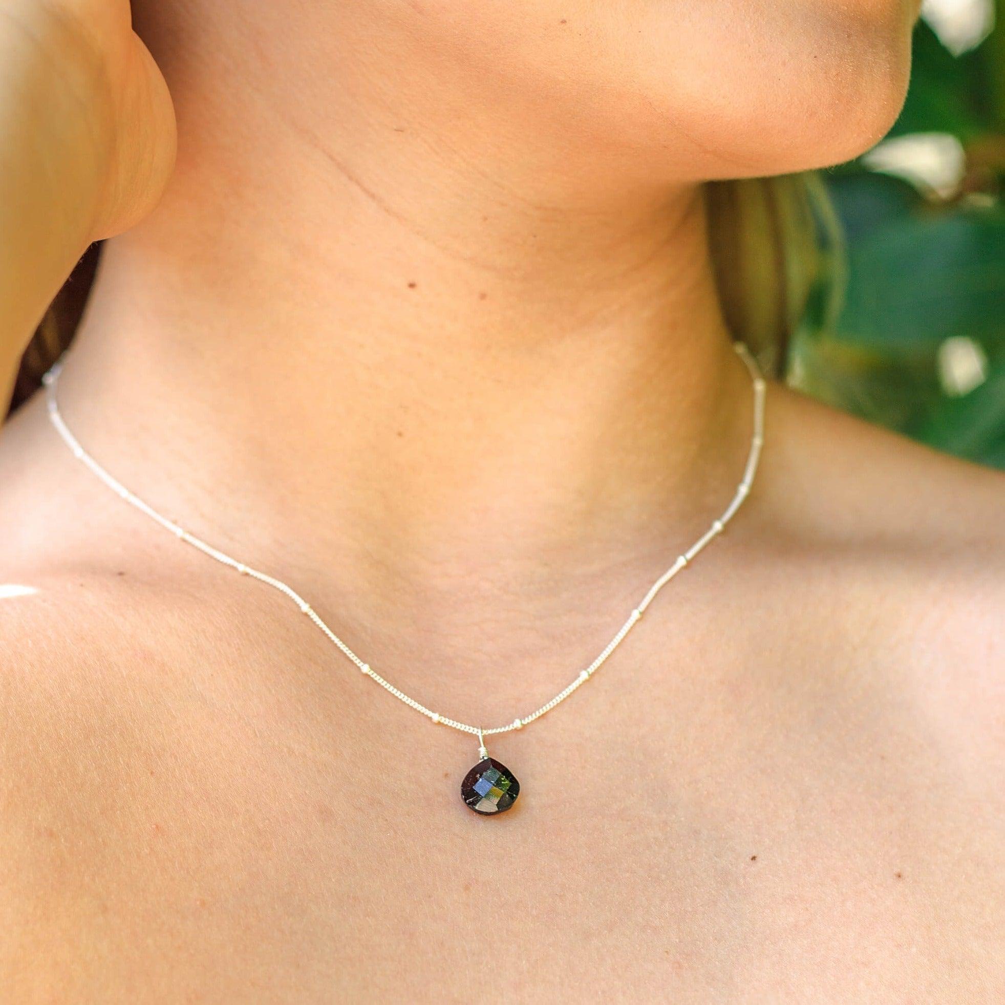 Tiny Black Tourmaline Teardrop Crystal Necklace - Tiny Black Tourmaline Teardrop Crystal Necklace - Sterling Silver / Cable - Luna Tide Handmade Crystal Jewellery
