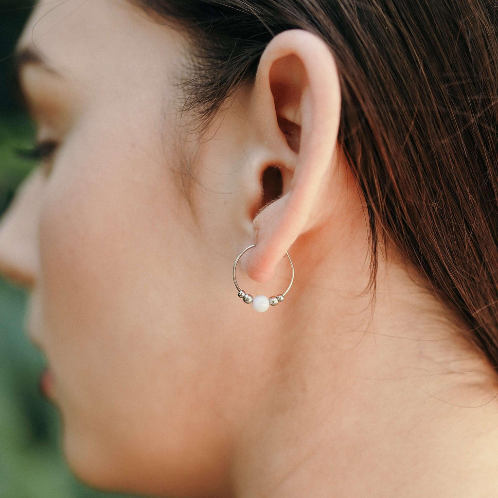 Tiny Blue Lace Agate Bead Hoop Earrings - Tiny Blue Lace Agate Bead Hoop Earrings - 14k Gold Fill - Luna Tide Handmade Crystal Jewellery
