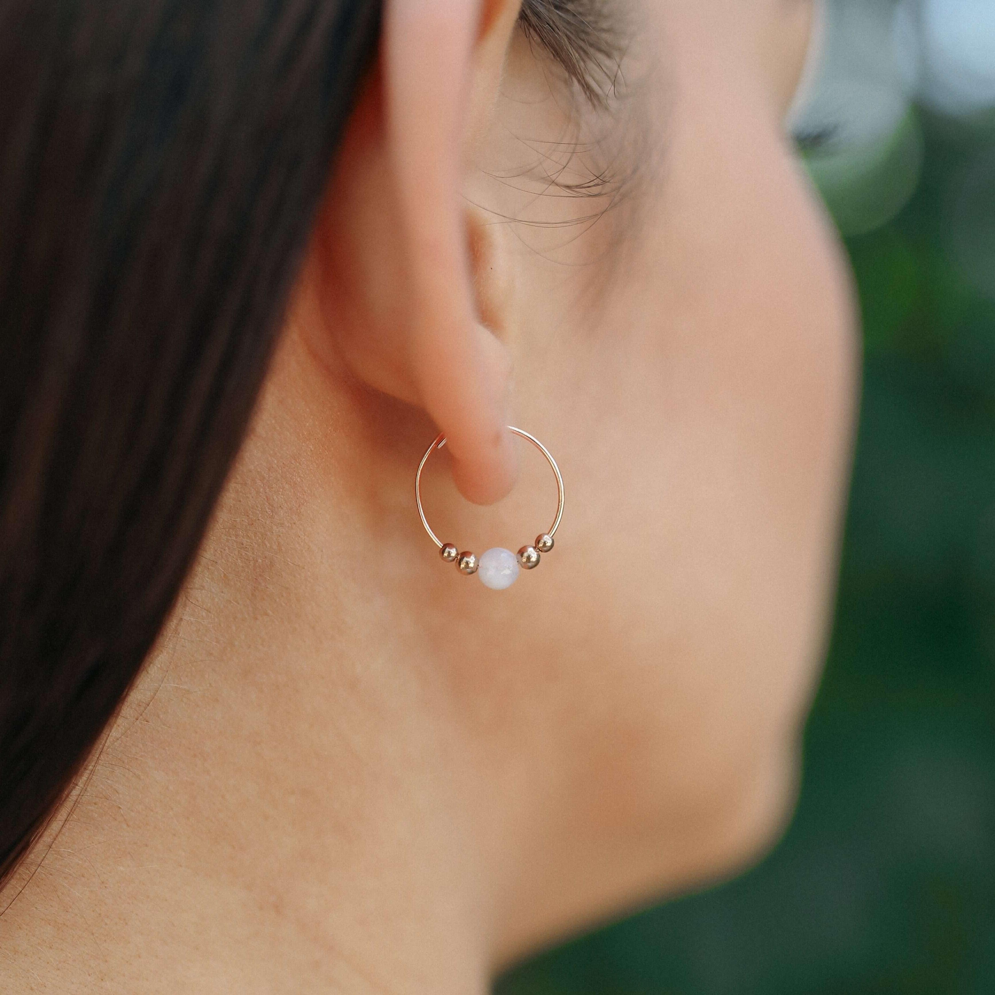 Tiny Blue Lace Agate Bead Hoop Earrings - Tiny Blue Lace Agate Bead Hoop Earrings - 14k Gold Fill - Luna Tide Handmade Crystal Jewellery