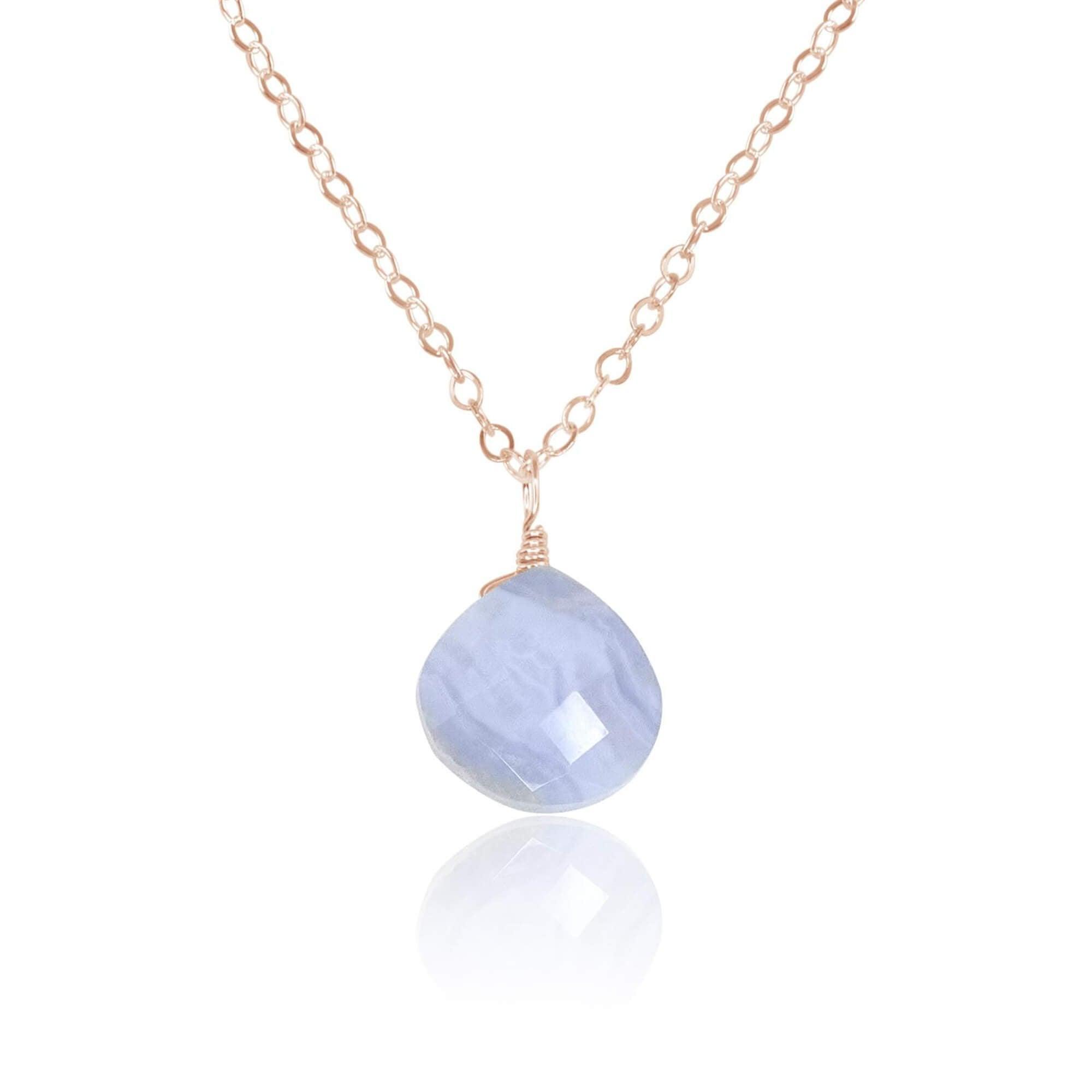 Tiny Blue Lace Agate Teardrop Crystal Necklace - Tiny Blue Lace Agate Teardrop Crystal Necklace - 14k Rose Gold Fill / Cable - Luna Tide Handmade Crystal Jewellery