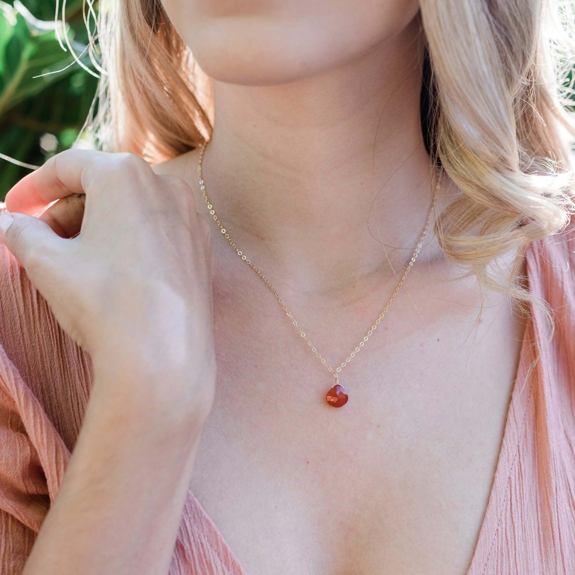 Tiny Carnelian Teardrop Crystal Necklace - Tiny Carnelian Teardrop Crystal Necklace - 14k Gold Fill / Cable - Luna Tide Handmade Crystal Jewellery