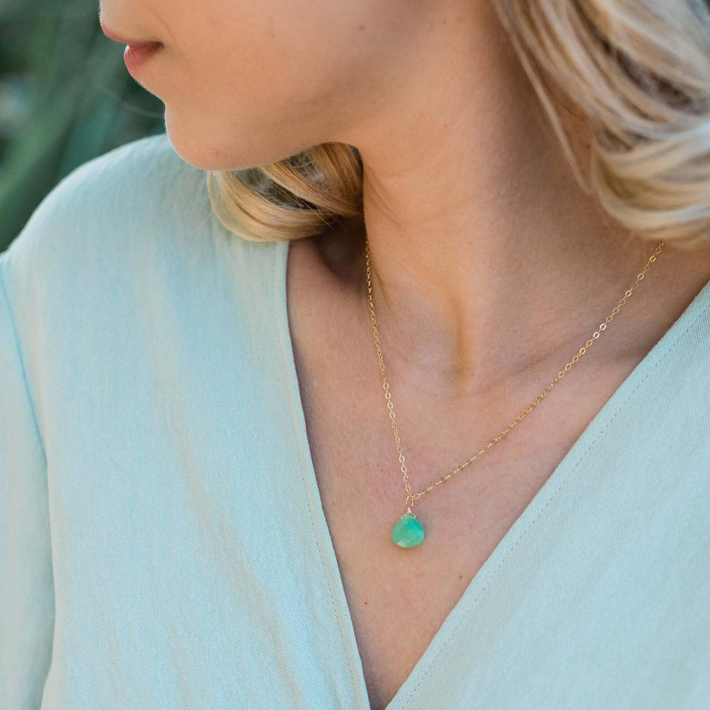 Tiny Chrysoprase Teardrop Crystal Necklace - Tiny Chrysoprase Teardrop Crystal Necklace - Sterling Silver / Cable - Luna Tide Handmade Crystal Jewellery