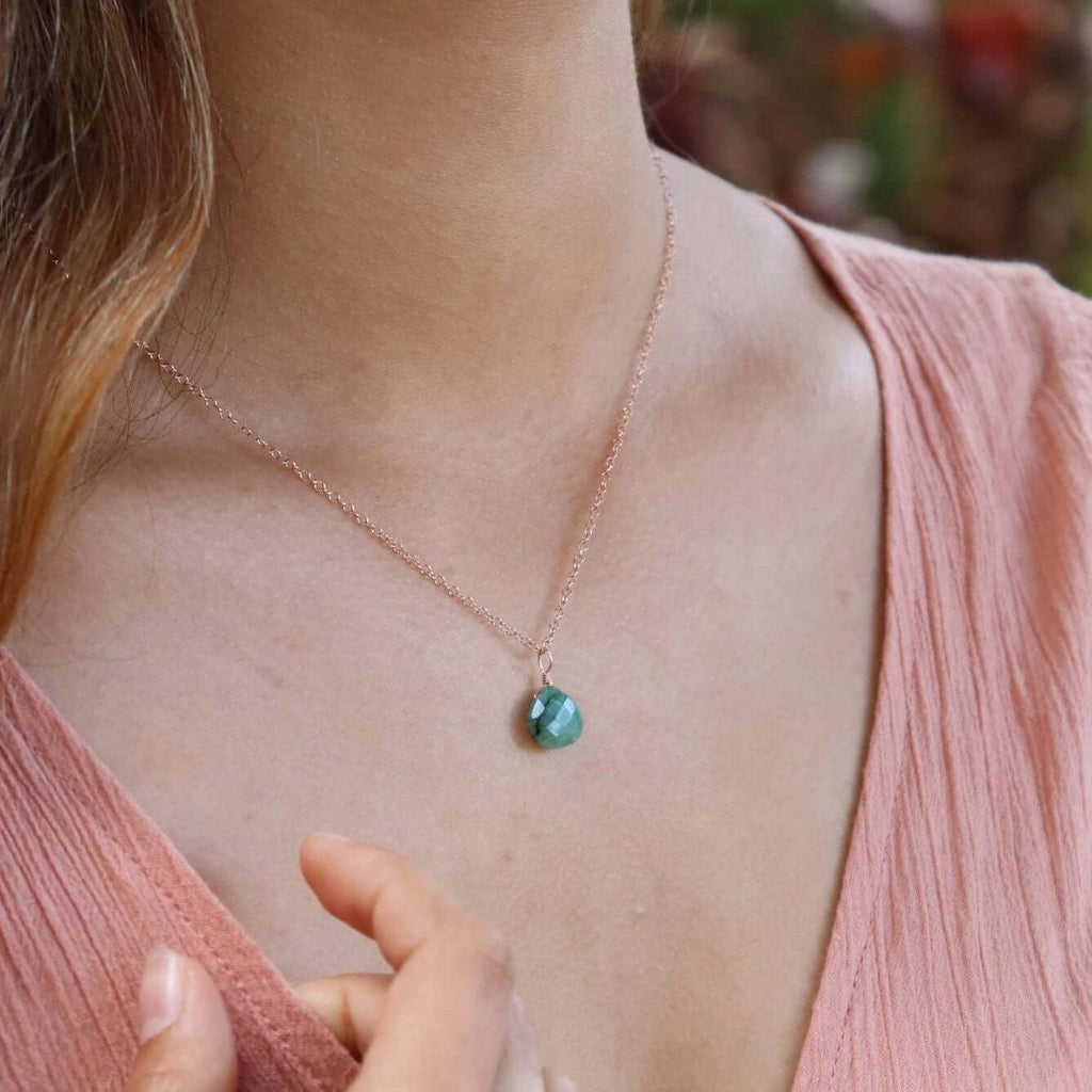 Tiny Emerald Teardrop Crystal Necklace - Tiny Emerald Teardrop Crystal Necklace - Sterling Silver / Cable - Luna Tide Handmade Crystal Jewellery