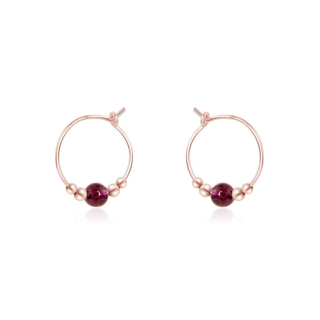 Tiny Garnet Bead Hoop Earrings - Tiny Garnet Bead Hoop Earrings - 14k Rose Gold Fill - Luna Tide Handmade Crystal Jewellery