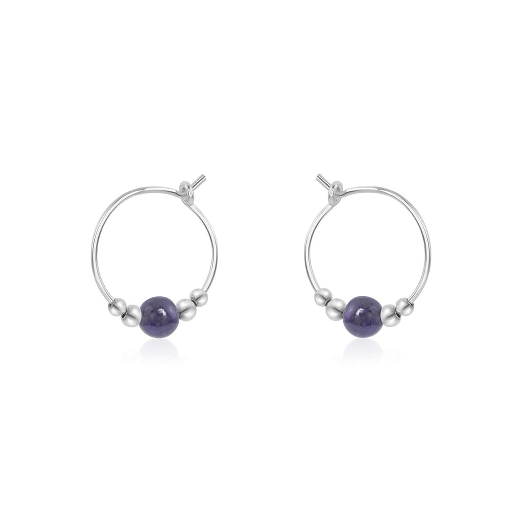 Tiny Iolite Gemstone Bead Hoop Earrings - Tiny Iolite Gemstone Bead Hoop Earrings - Sterling Silver - Luna Tide Handmade Crystal Jewellery