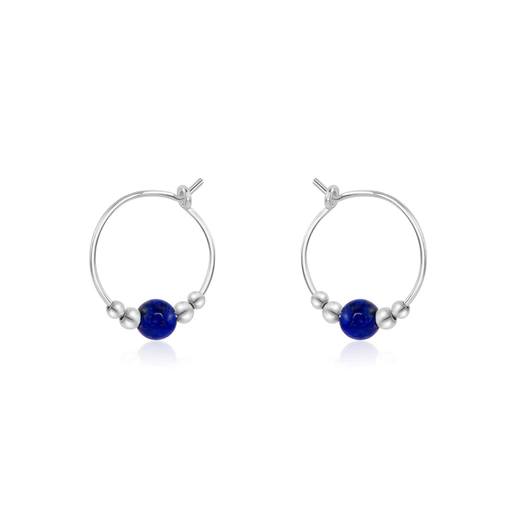 Tiny Lapis Lazuli Gemstone Bead Hoop Earrings - Tiny Lapis Lazuli Gemstone Bead Hoop Earrings - Sterling Silver - Luna Tide Handmade Crystal Jewellery