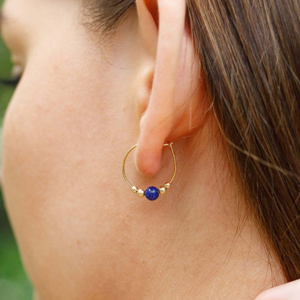 Tiny Lapis Lazuli Gemstone Bead Hoop Earrings - Tiny Lapis Lazuli Gemstone Bead Hoop Earrings - Sterling Silver - Luna Tide Handmade Crystal Jewellery