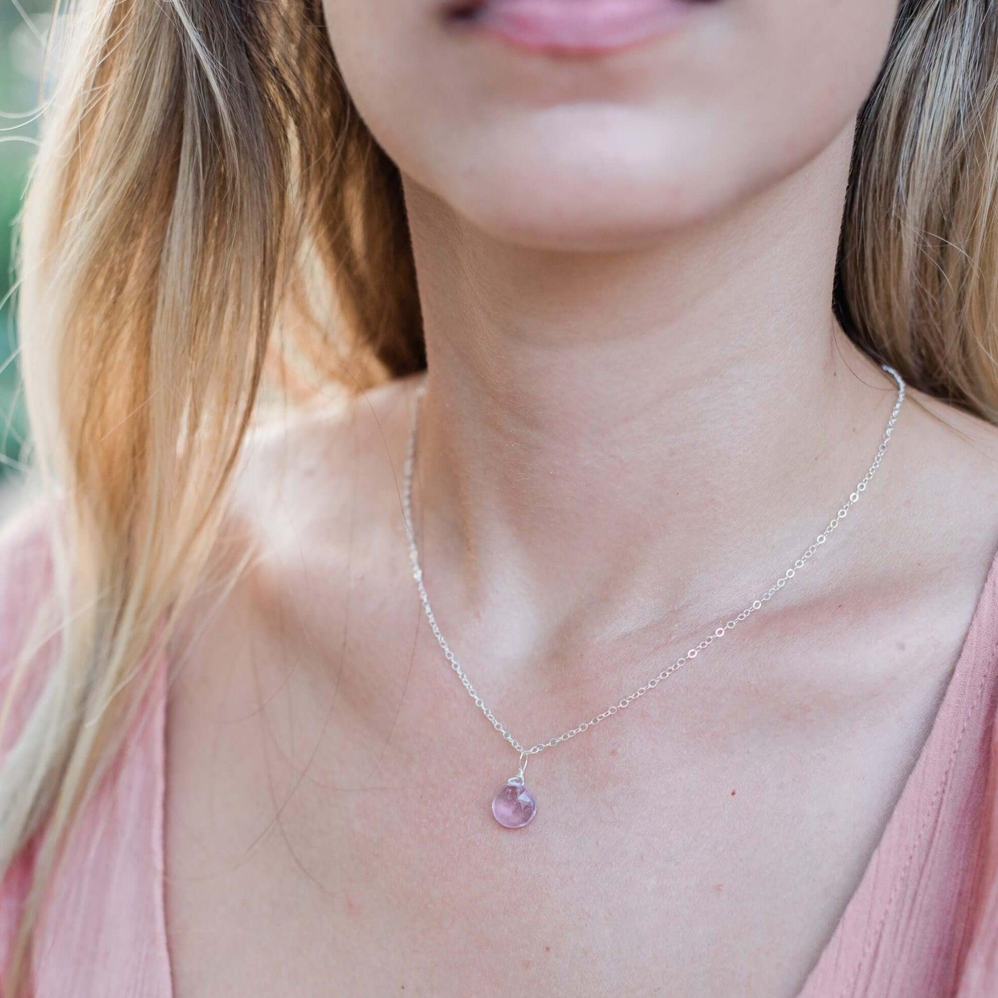 Tiny Pink Amethyst Teardrop Crystal Necklace - Tiny Pink Amethyst Teardrop Crystal Necklace - Sterling Silver / Cable - Luna Tide Handmade Crystal Jewellery