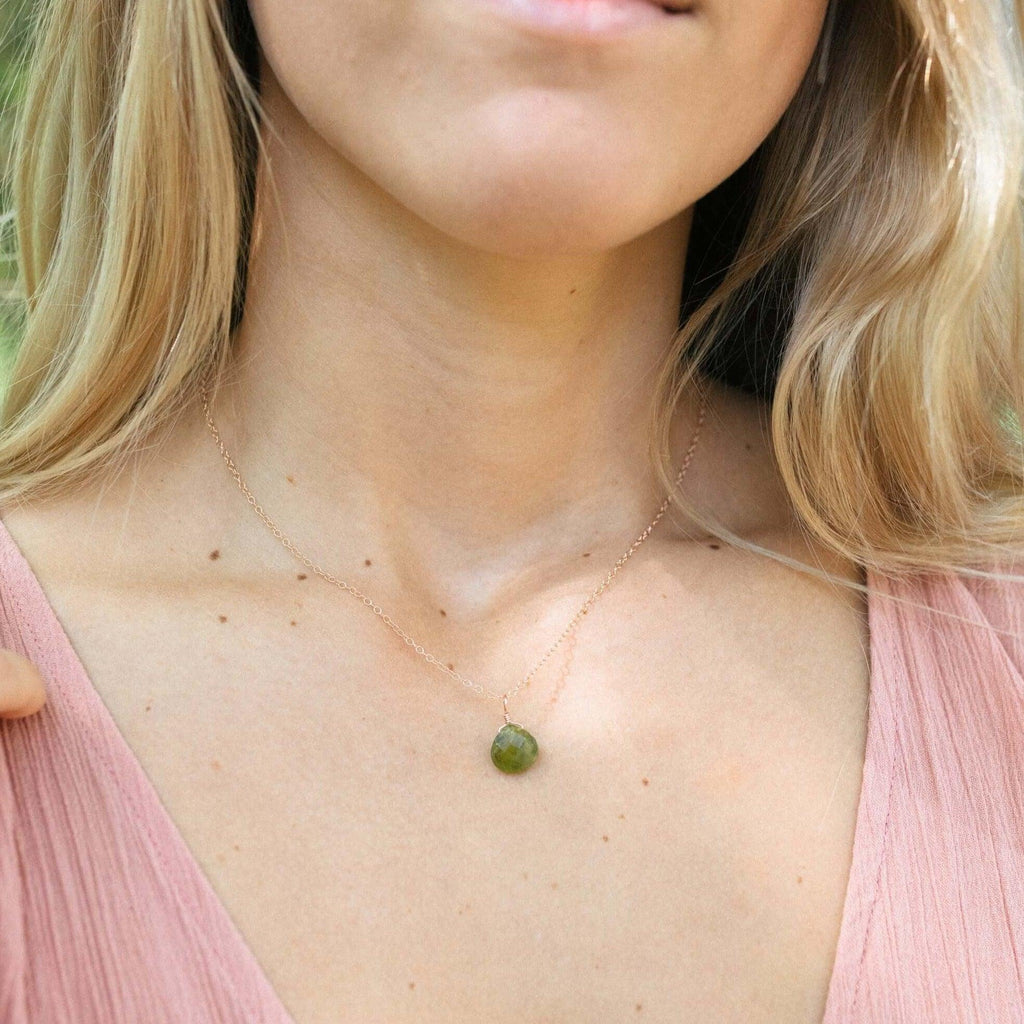 Tiny Peridot Teardrop Crystal Necklace - Tiny Peridot Teardrop Crystal Necklace - Sterling Silver / Cable - Luna Tide Handmade Crystal Jewellery