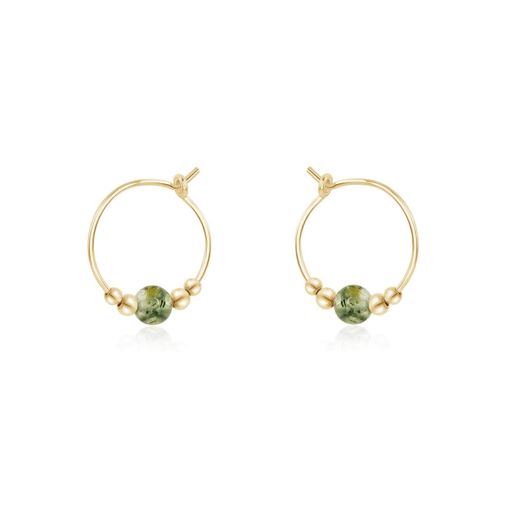 Tiny Prehnite Gemstone Bead Hoop Earrings - Tiny Prehnite Gemstone Bead Hoop Earrings - 14k Gold Fill - Luna Tide Handmade Crystal Jewellery