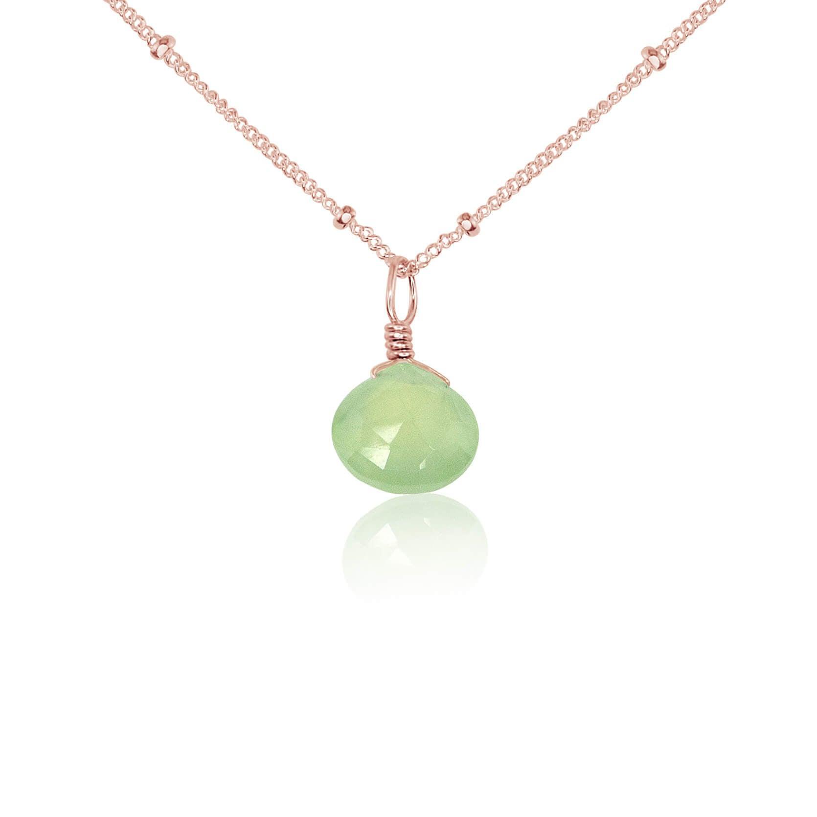 Tiny Prehnite Teardrop Crystal Necklace - Tiny Prehnite Teardrop Crystal Necklace - 14k Rose Gold Fill / Satellite - Luna Tide Handmade Crystal Jewellery