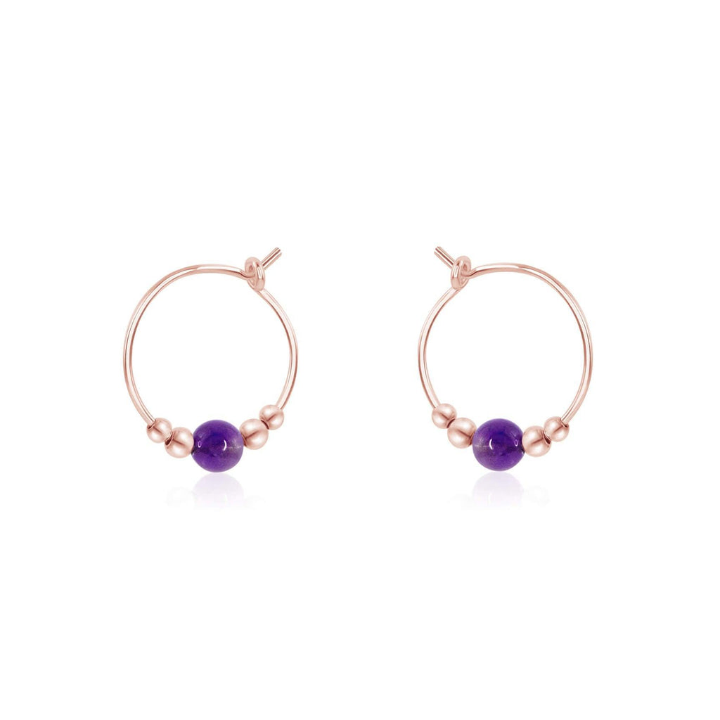 Tiny Purple Amethyst Bead Hoop Earrings - Tiny Purple Amethyst Bead Hoop Earrings - 14k Rose Gold Fill - Luna Tide Handmade Crystal Jewellery