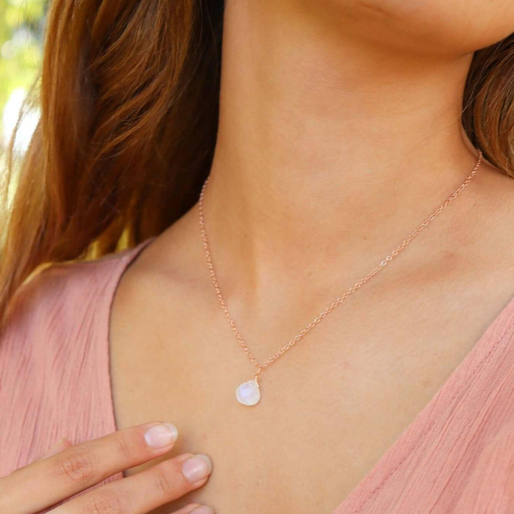 Tiny Rainbow Moonstone Teardrop Crystal Necklace - Tiny Rainbow Moonstone Teardrop Crystal Necklace - 14k Gold Fill / Cable - Luna Tide Handmade Crystal Jewellery