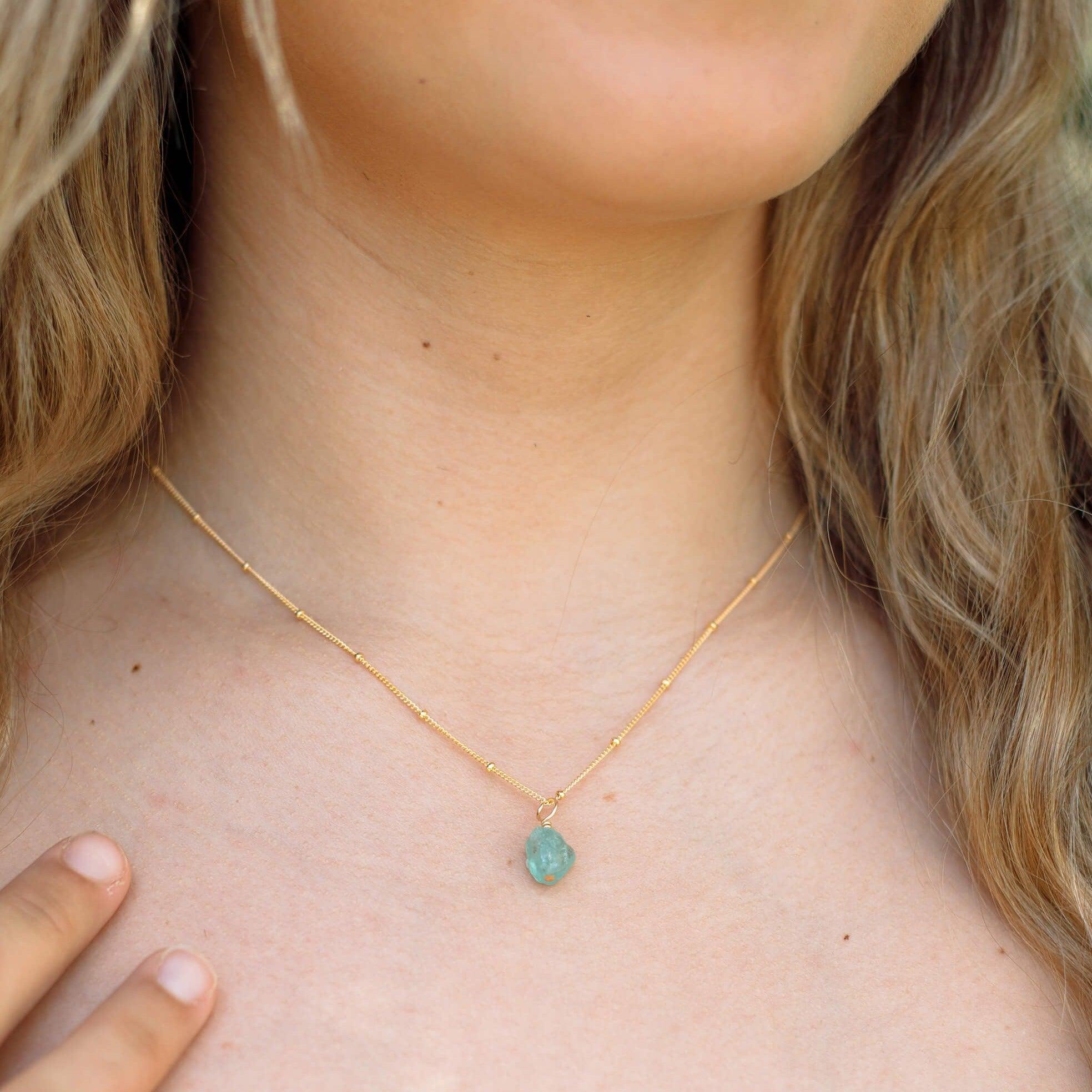 Tiny Raw Apatite Crystal Pendant Necklace - Tiny Raw Apatite Crystal Pendant Necklace - Sterling Silver / Cable - Luna Tide Handmade Crystal Jewellery