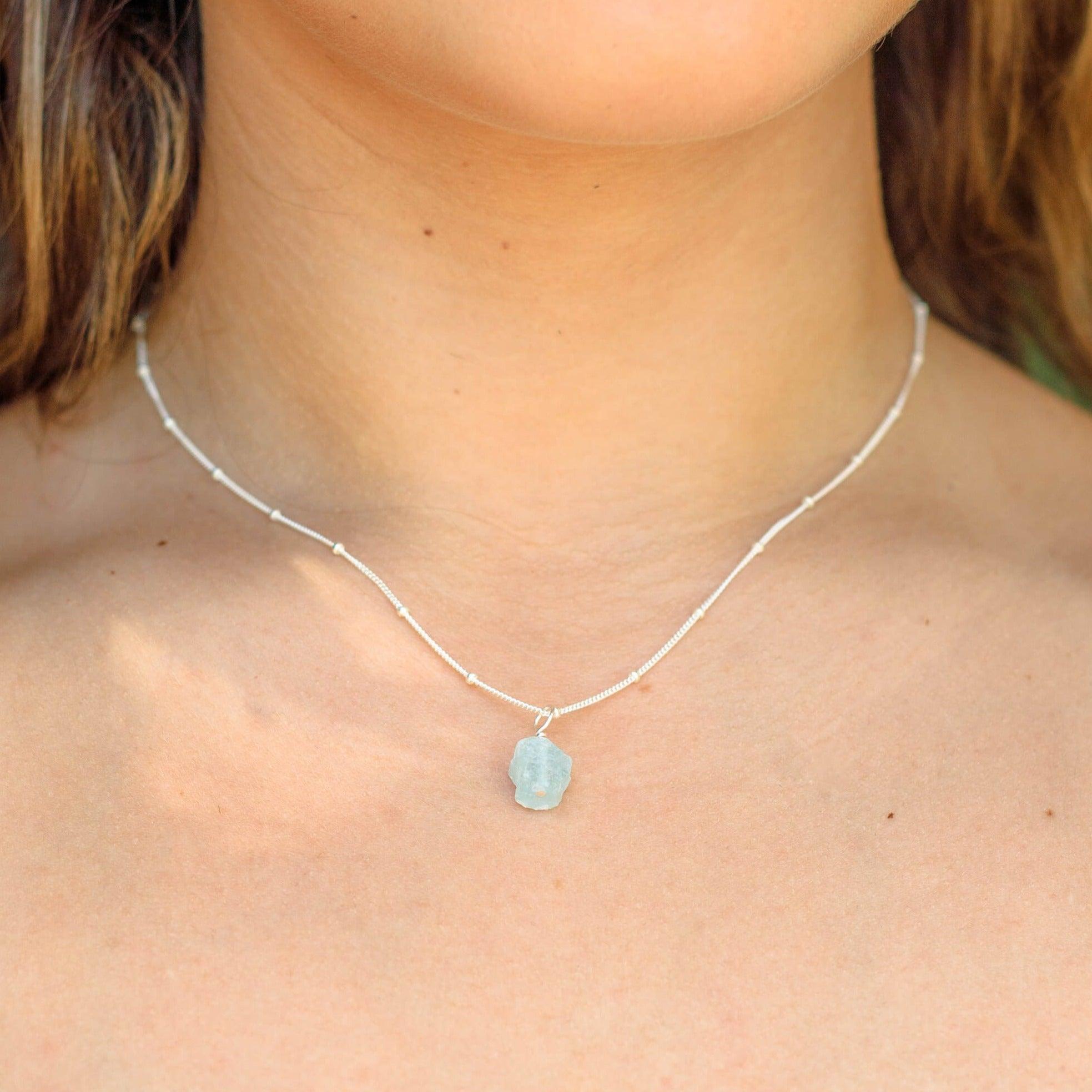 Tiny Raw Aquamarine Pendant Necklace - Tiny Raw Aquamarine Pendant Necklace - Sterling Silver / Cable - Luna Tide Handmade Crystal Jewellery