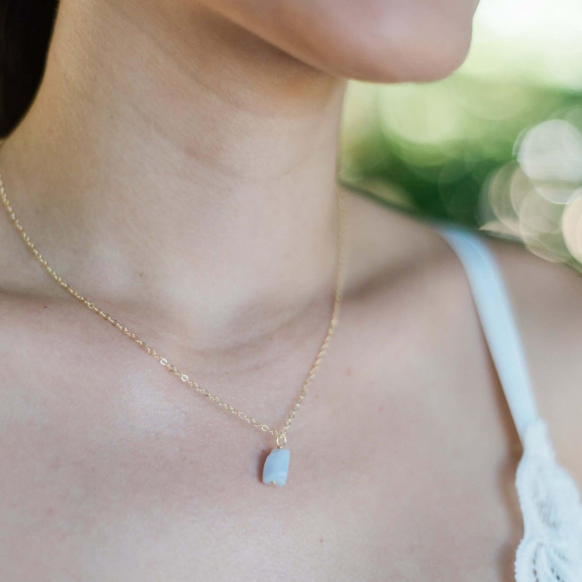 Tiny Raw Blue Lace Agate Pendant Necklace - Tiny Raw Blue Lace Agate Pendant Necklace - Sterling Silver / Cable - Luna Tide Handmade Crystal Jewellery