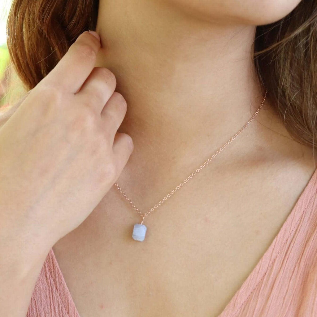 Tiny Raw Blue Lace Agate Pendant Necklace - Tiny Raw Blue Lace Agate Pendant Necklace - Sterling Silver / Cable - Luna Tide Handmade Crystal Jewellery