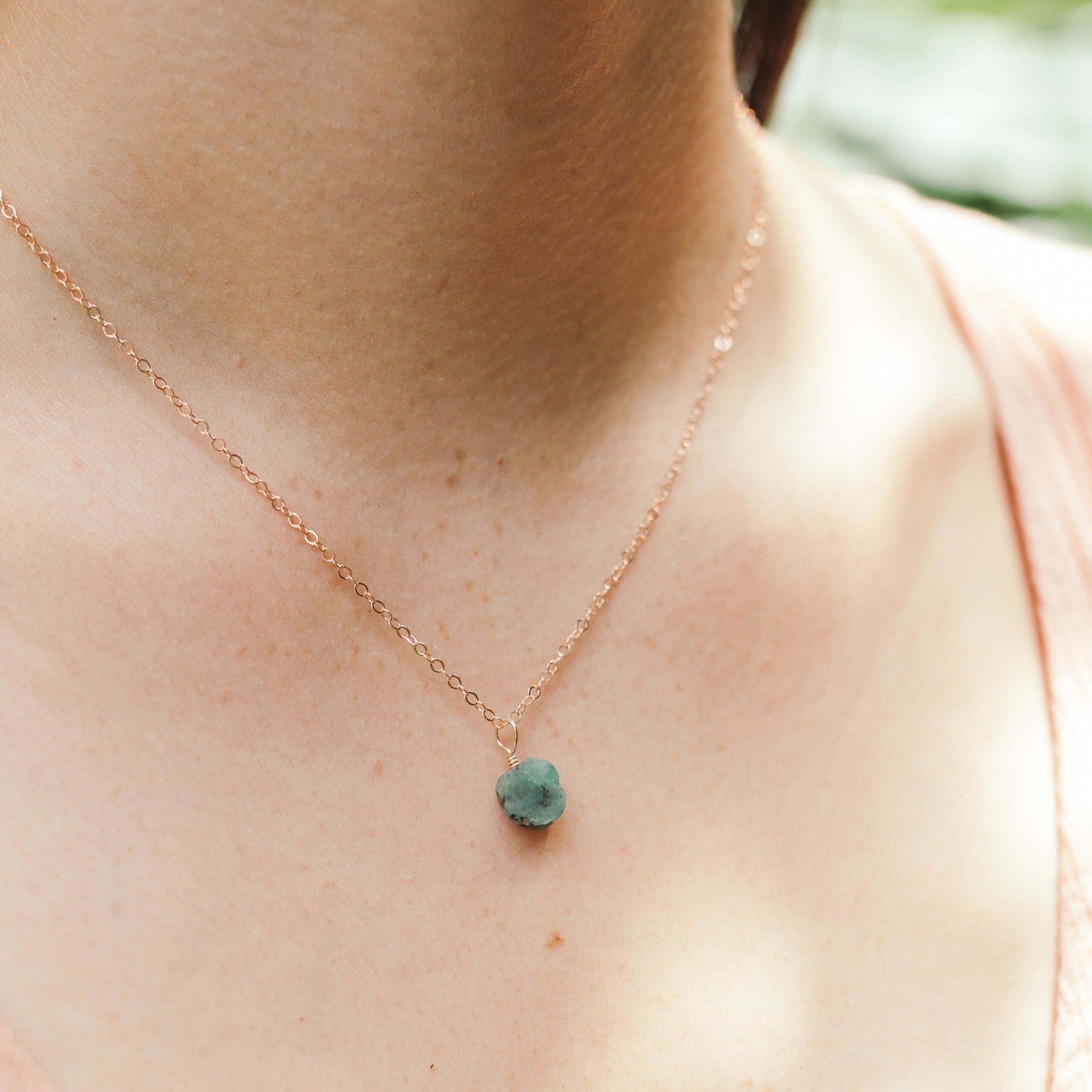 Tiny Raw Emerald Pendant Necklace - Tiny Raw Emerald Pendant Necklace - 14k Gold Fill / Cable - Luna Tide Handmade Crystal Jewellery